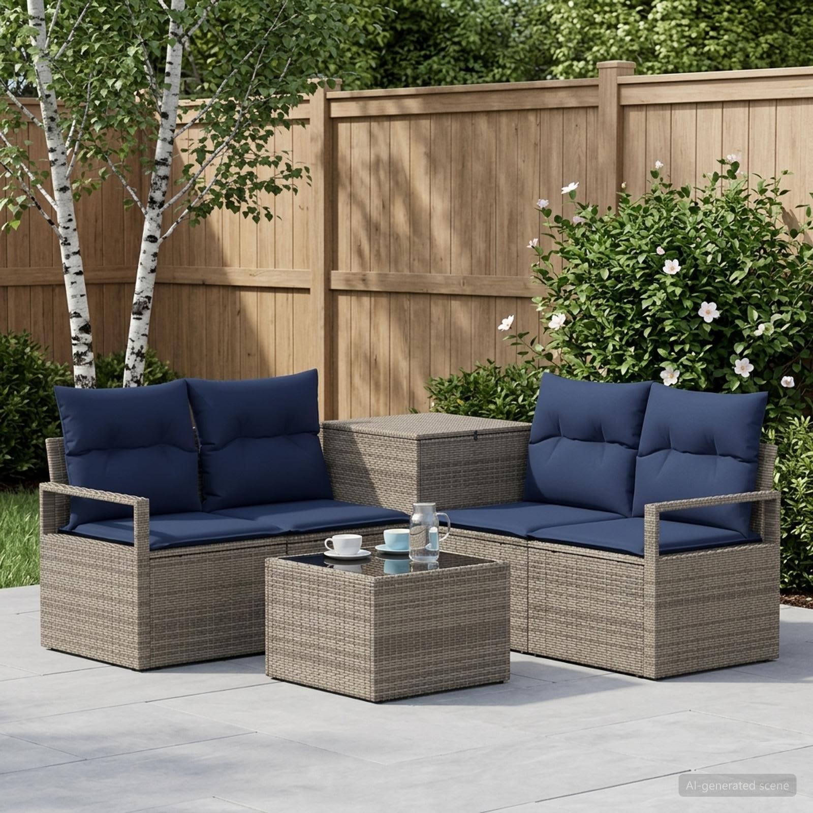 Sofa Set 6 stk. Grau und Marineblau Polyrattan und Stahl