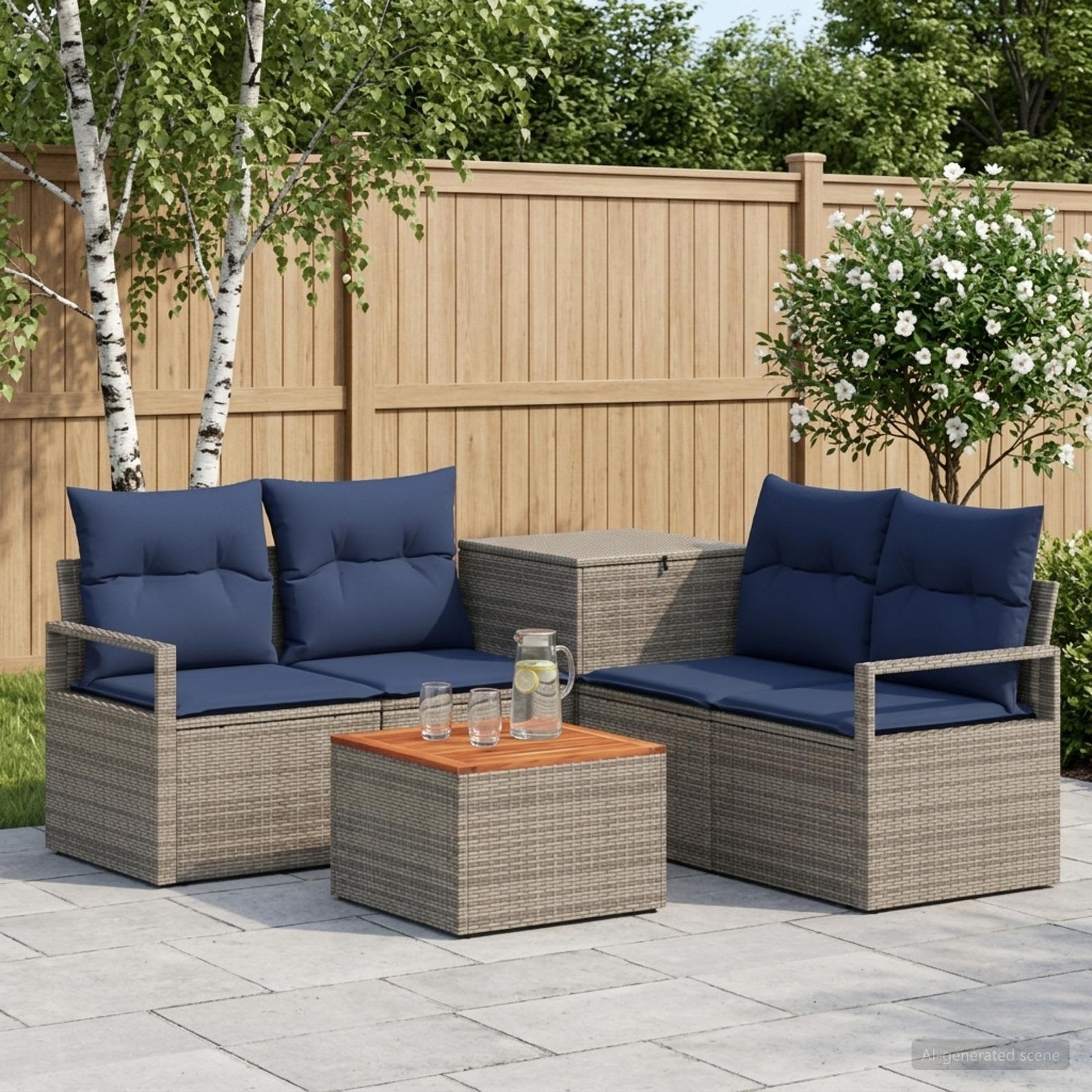 Sofa Set 6 stk. Grau und Marineblau Polyrattan und Stahl