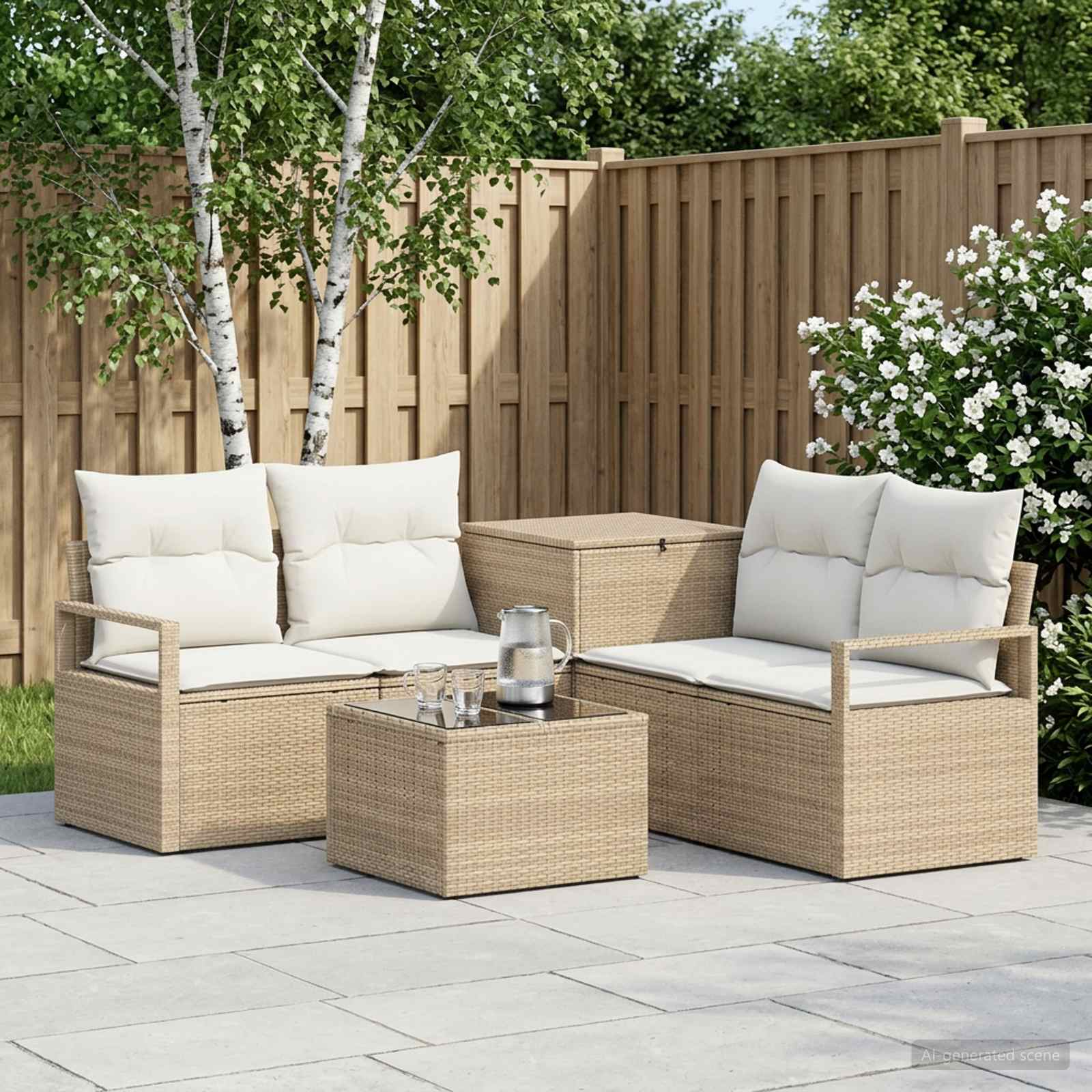 Sofa Set 6 stk. Beige und Cremeweiß Polyrattan und Stahl
