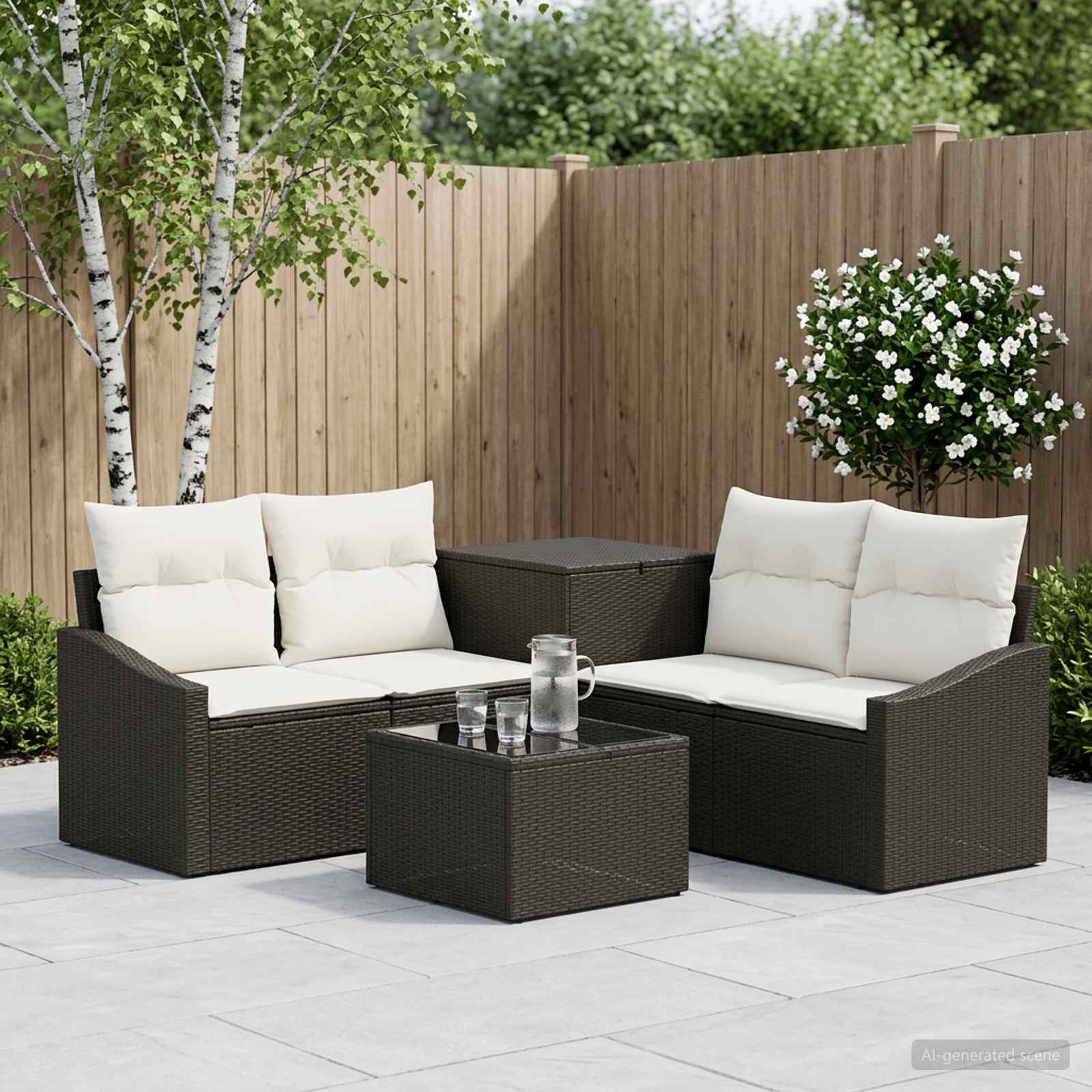 Sofa Set 6 stk. Schwarz und Cremeweiß Polyrattan und Stahl