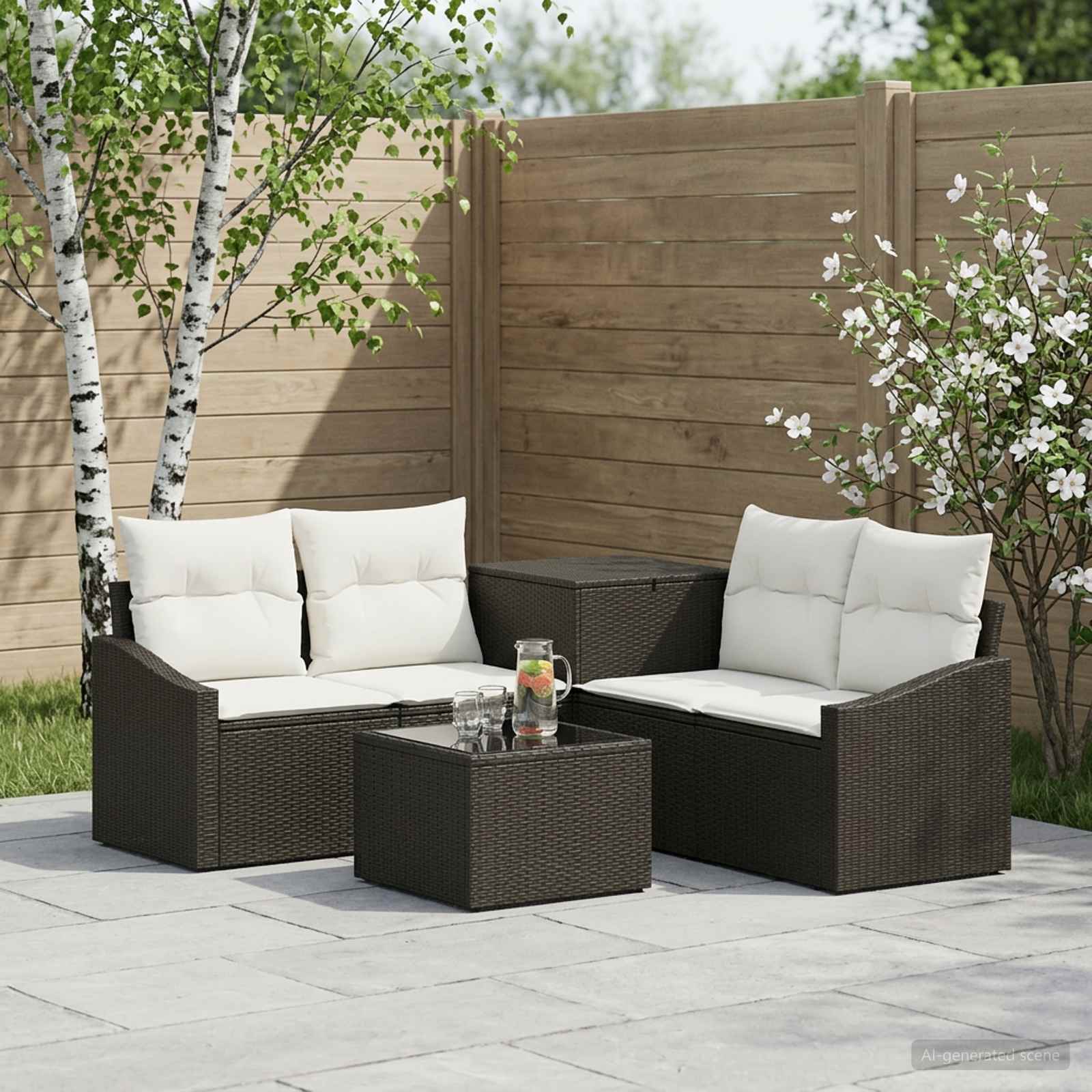 Sofa Set 6 stk. Schwarz und Cremeweiß Polyrattan und Stahl