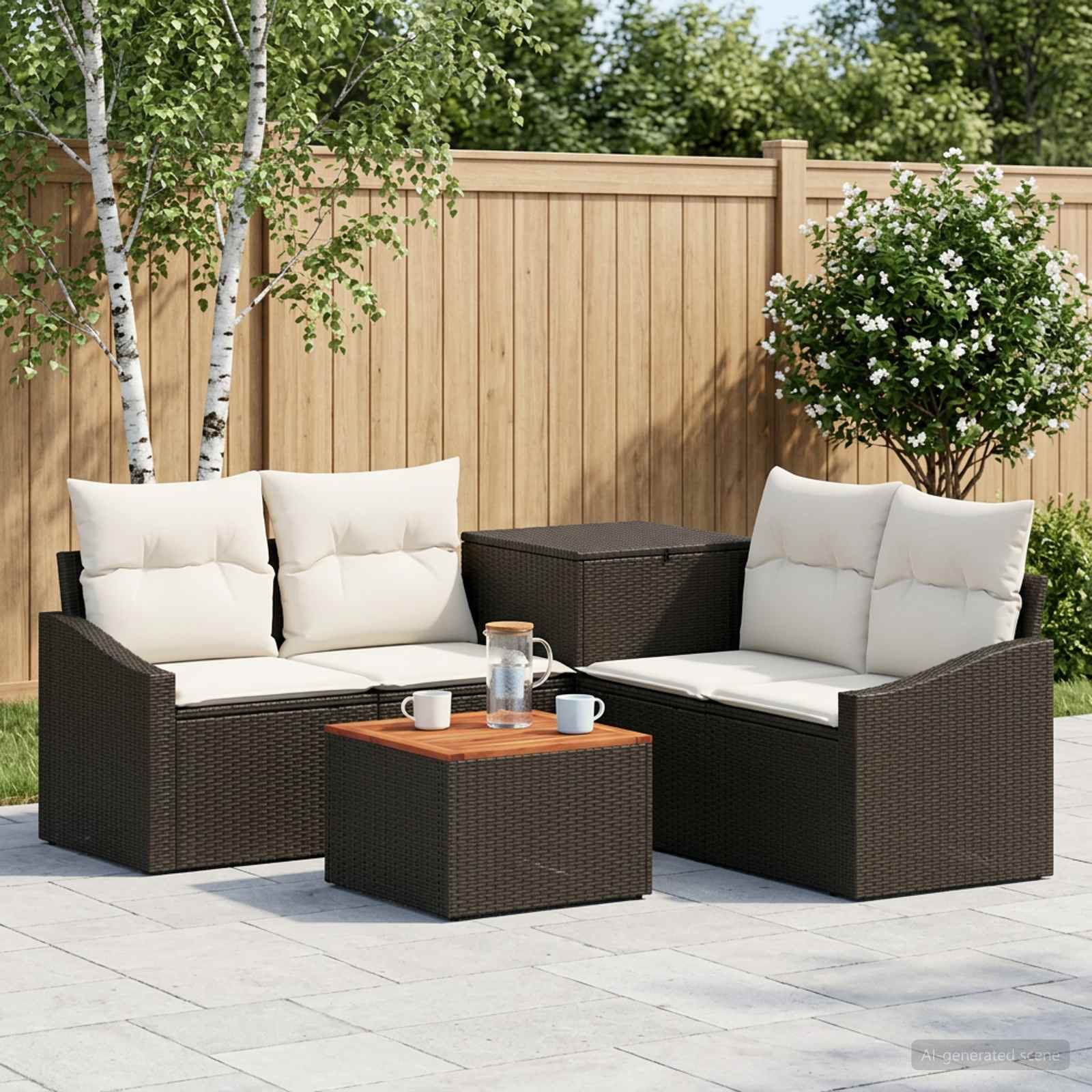 Sofa Set 6 stk. Schwarz und Cremeweiß Polyrattan und Stahl