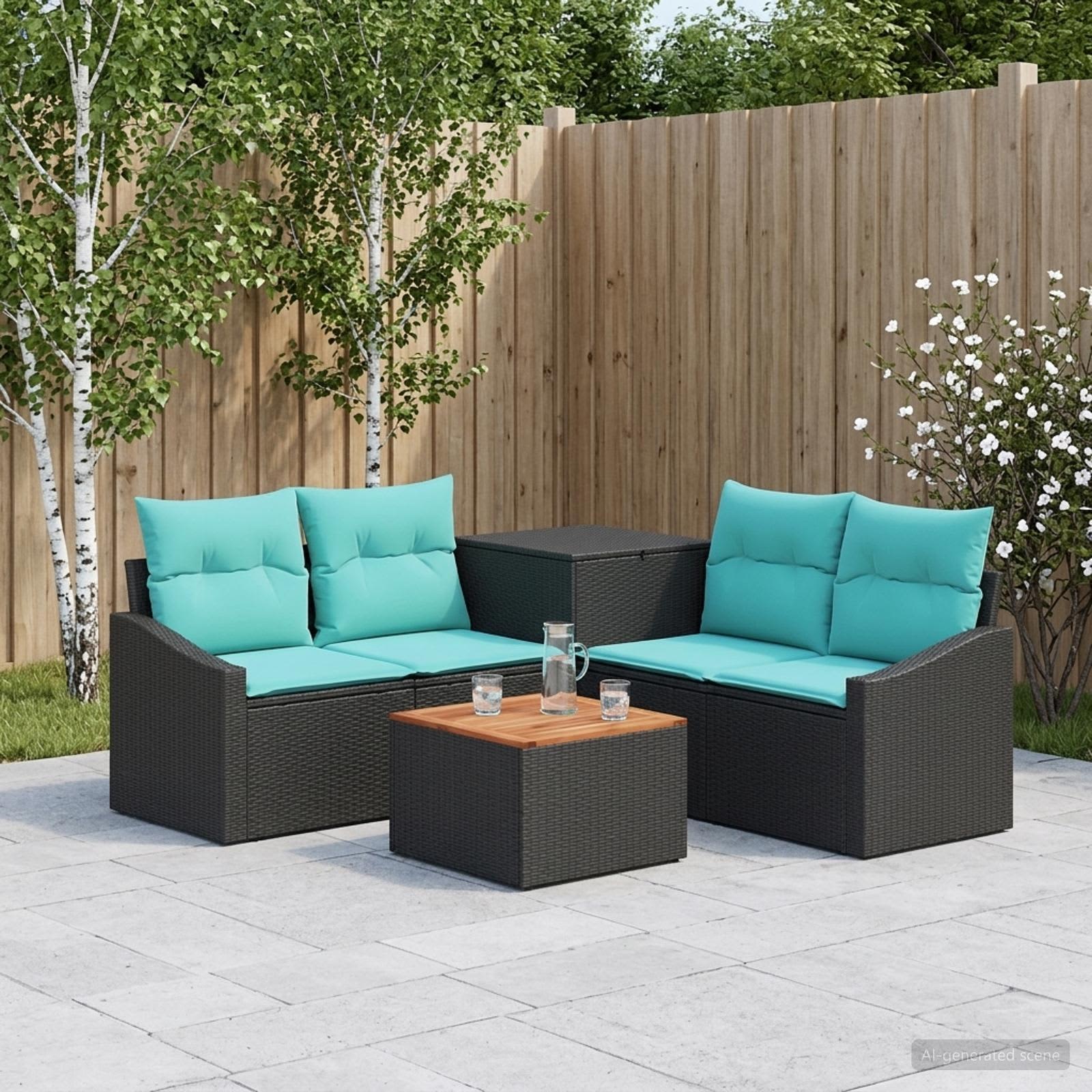 Sofa Set 6 stk. Schwarz und Blau Polyrattan und Stahl