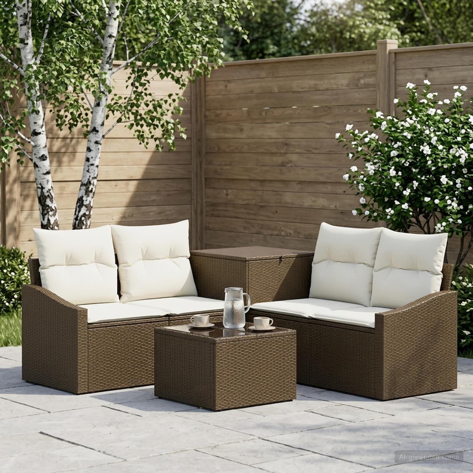 Sofa Set 6 stk. Braun und Creme Weiß Polyrattan und Stahl