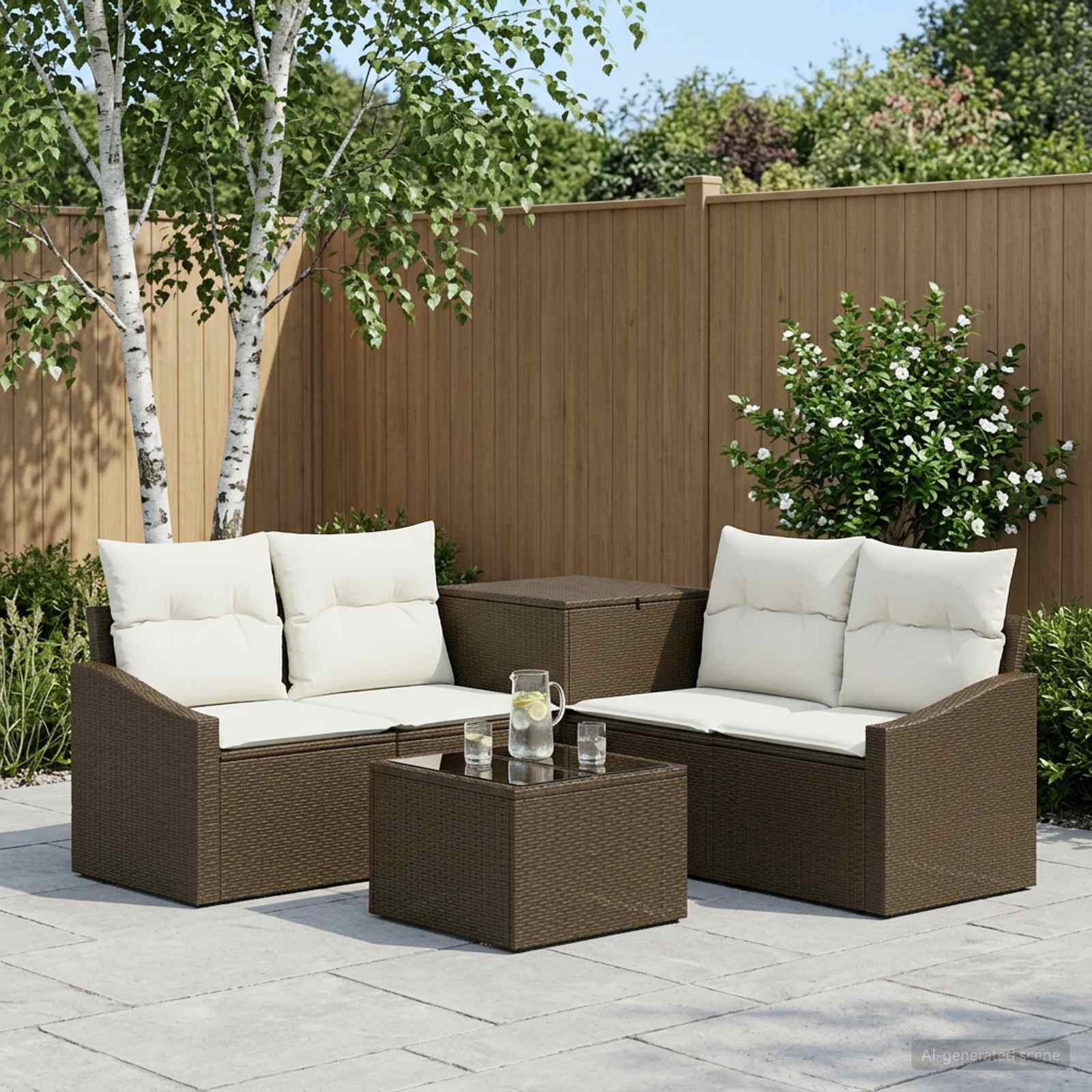 Sofa Set 6 stk. Braun und Creme Weiß Polyrattan und Stahl