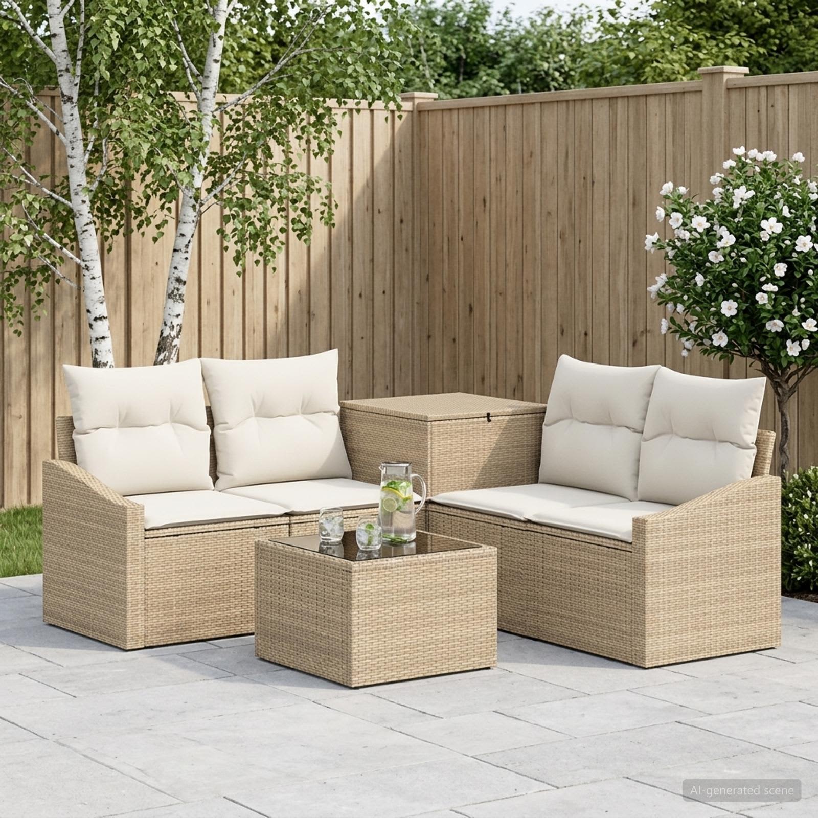 Sofa Set 6 stk. Beige und Cremeweiß Polyrattan und Stahl