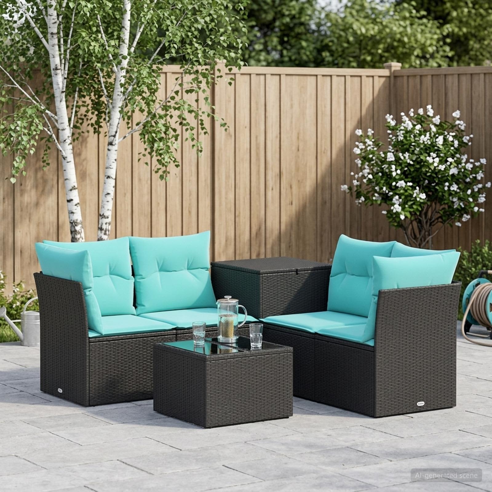 Sofa Set 6 stk. Schwarz und Blau Polyrattan und Stahl