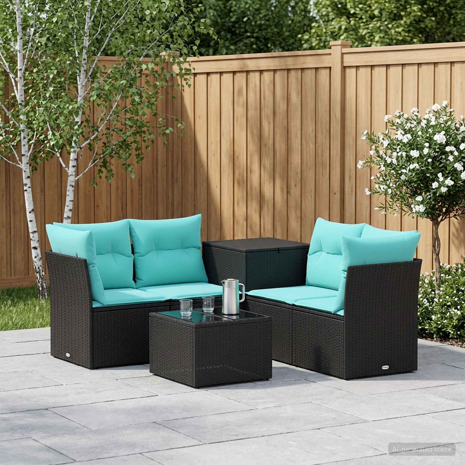 Sofa Set 6 stk. Schwarz und Blau Polyrattan und Stahl