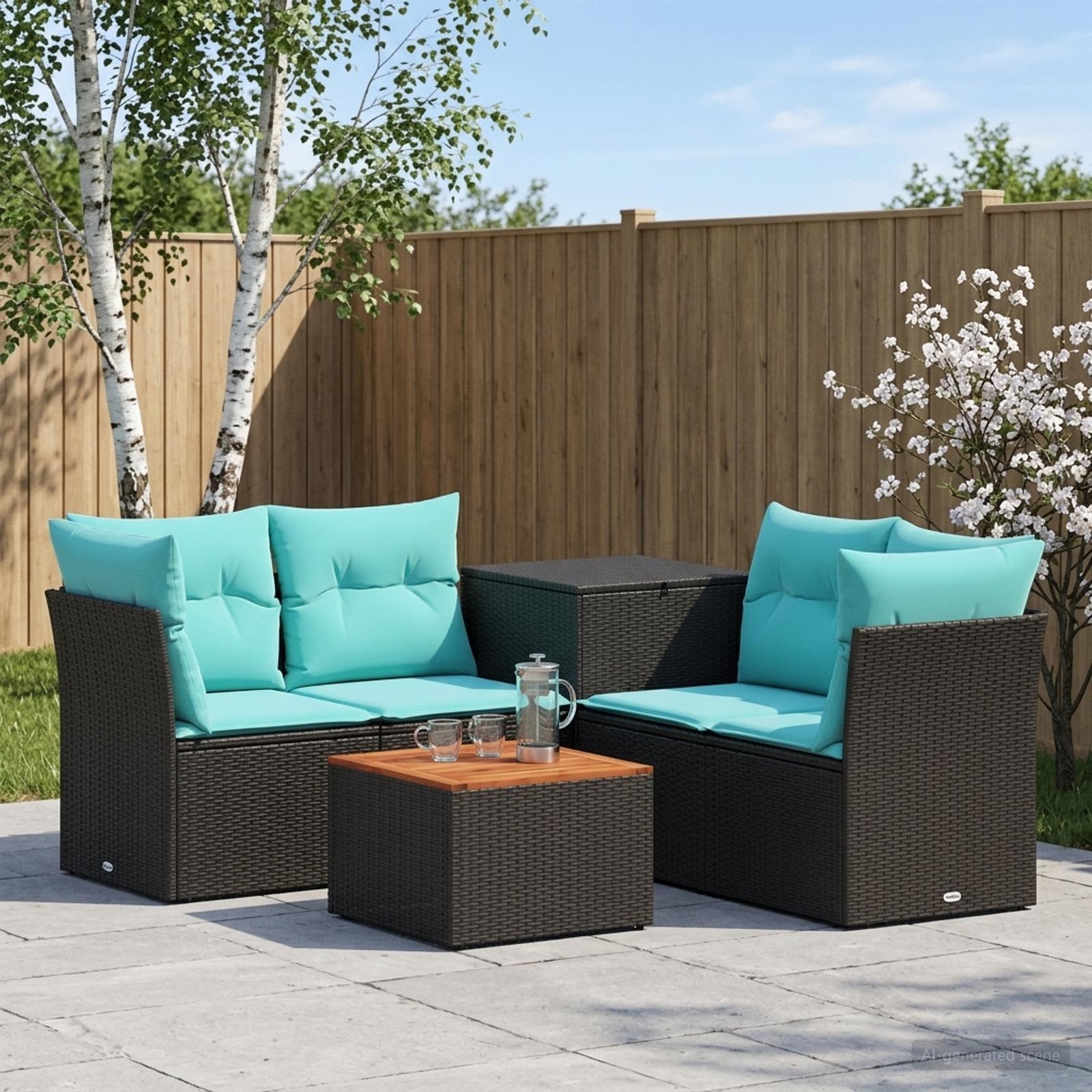 Sofa Set 6 stk. Schwarz und Blau Polyrattan und Stahl