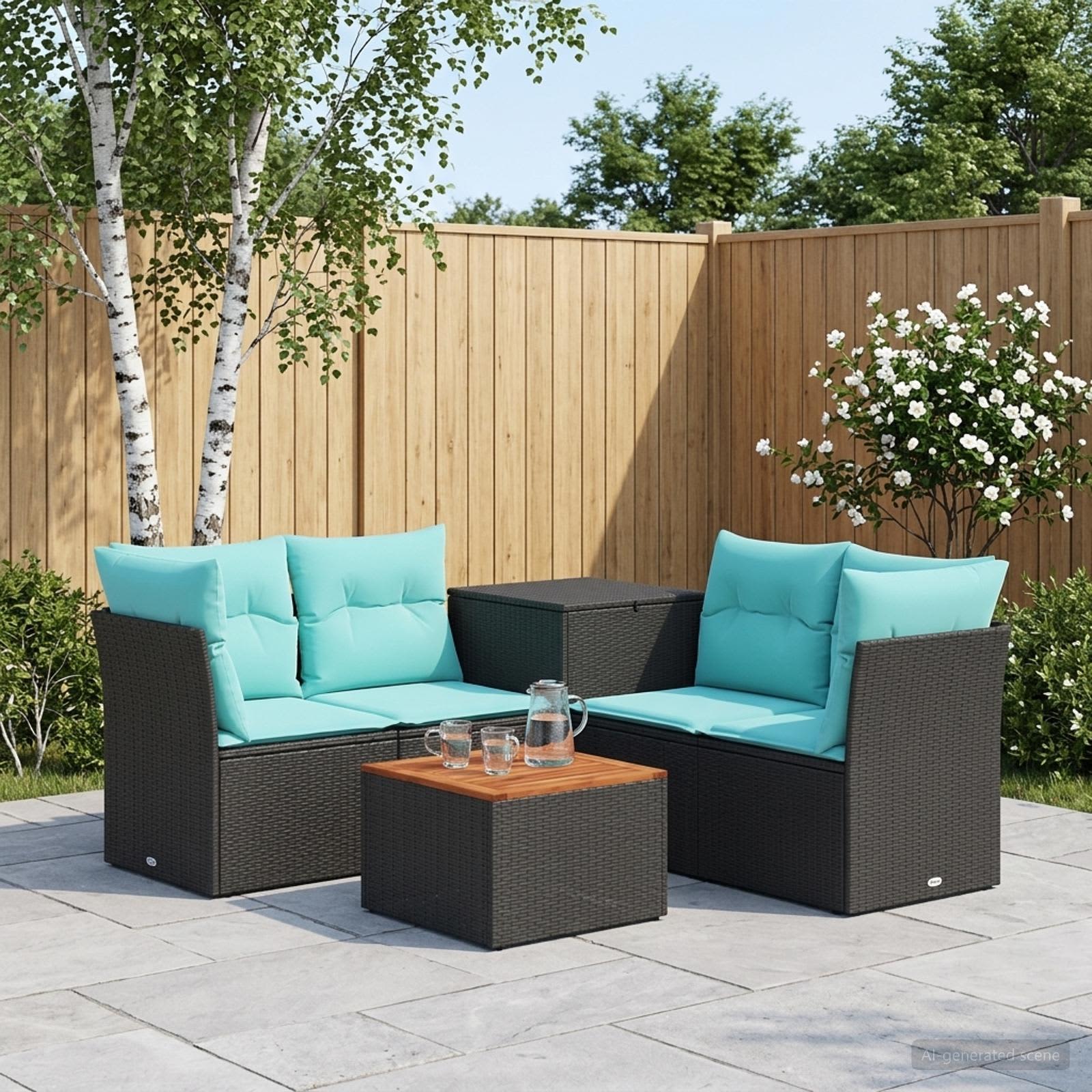Sofa Set 6 stk. Schwarz und Blau Polyrattan und Stahl
