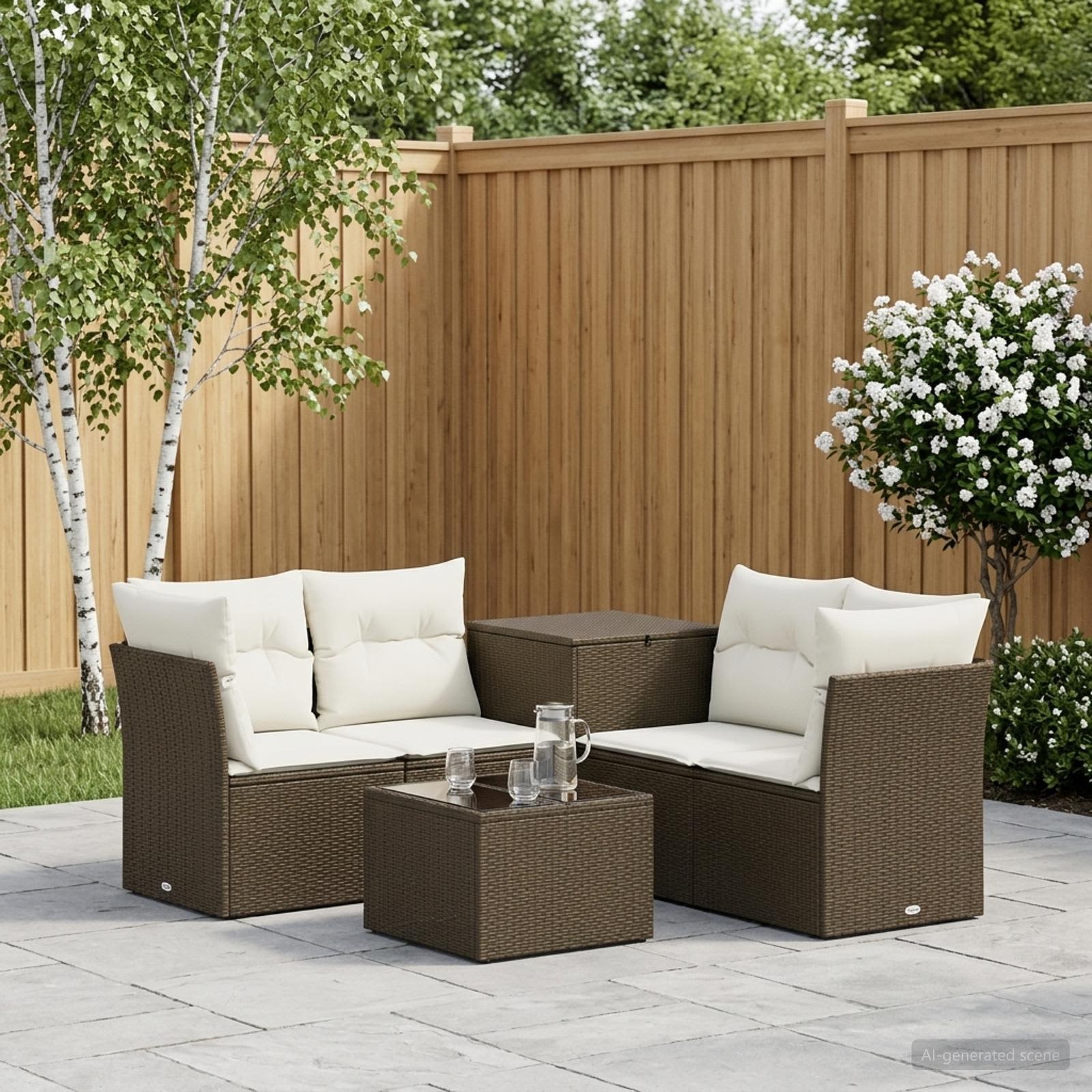 Sofa Set 6 stk. Braun und Creme Weiß Polyrattan und Stahl