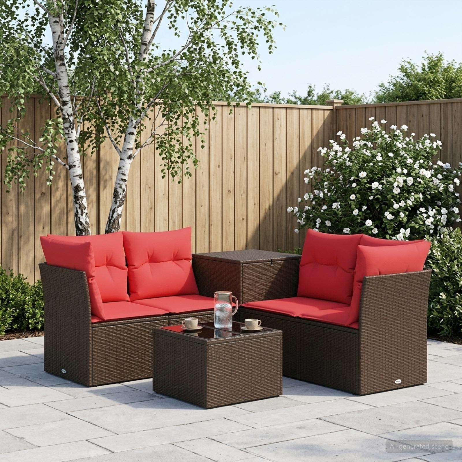 Sofa Set 6 stk. Braun und Rot Polyrattan und Stahl