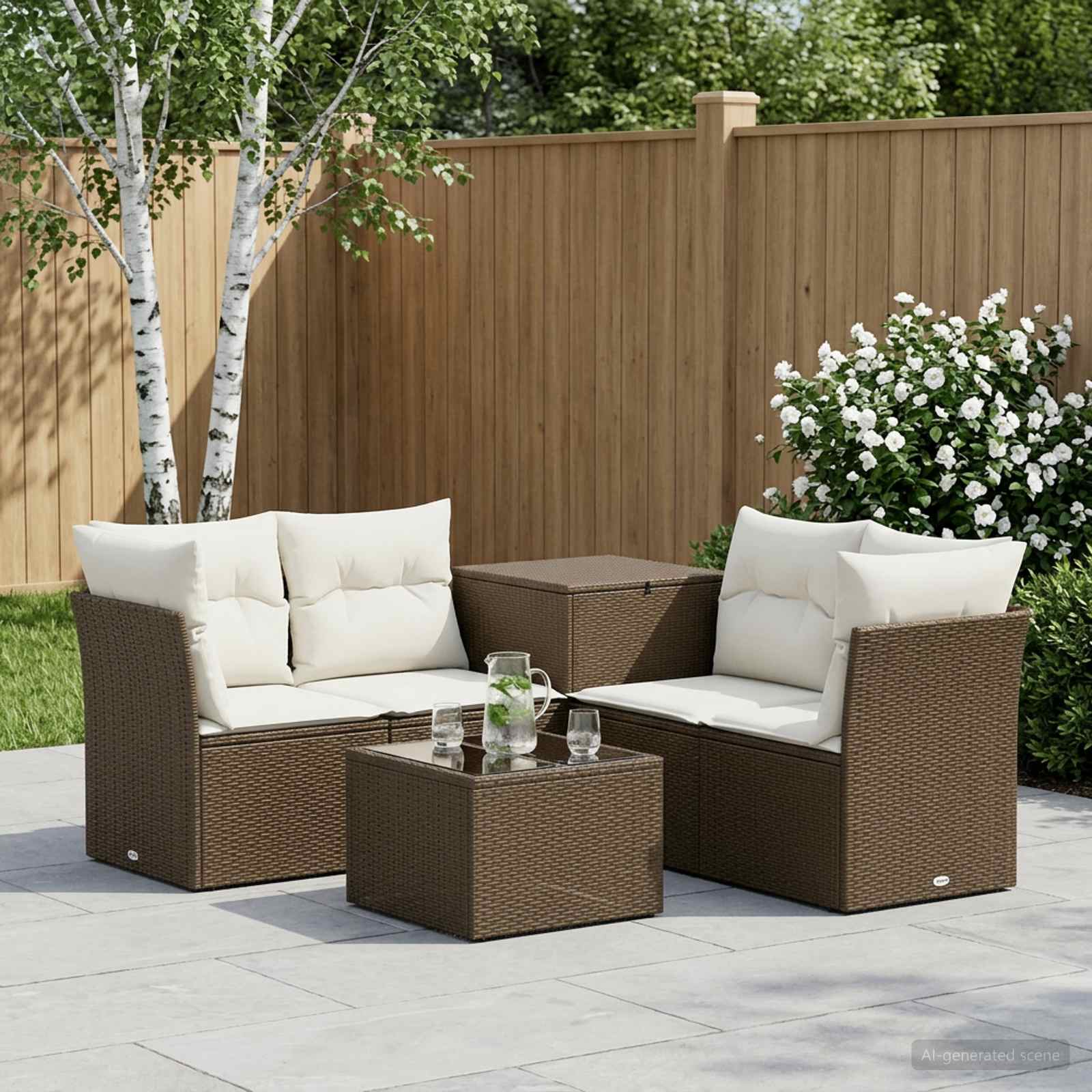 Sofa Set 6 stk. Braun und Creme Weiß Polyrattan und Stahl