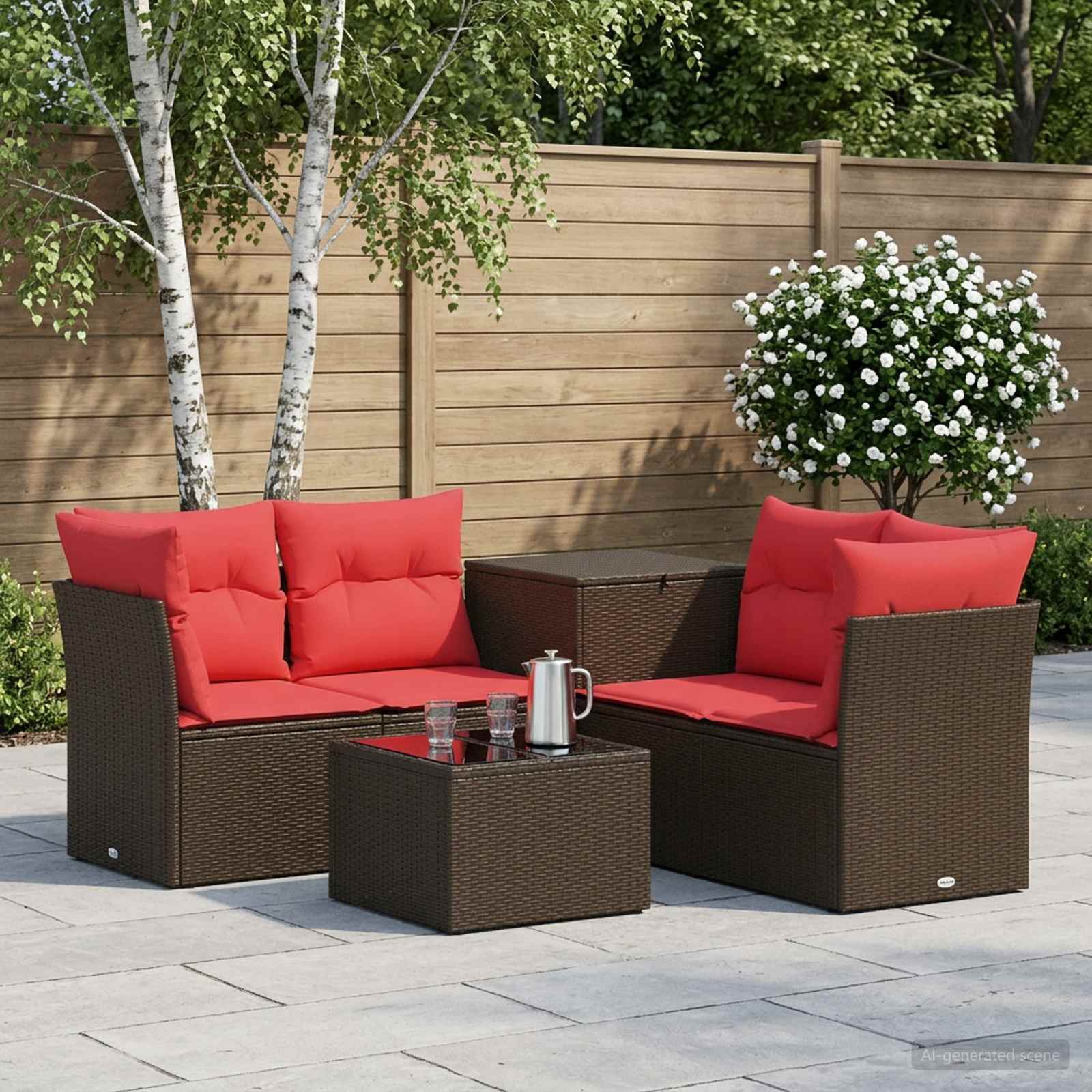 Sofa Set 6 stk. Braun und Rot Polyrattan und Stahl