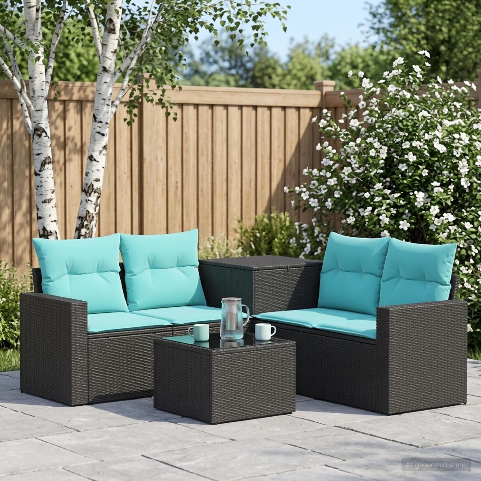 Sofa Set 6 stk. Schwarz und Blau Polyrattan und Stahl