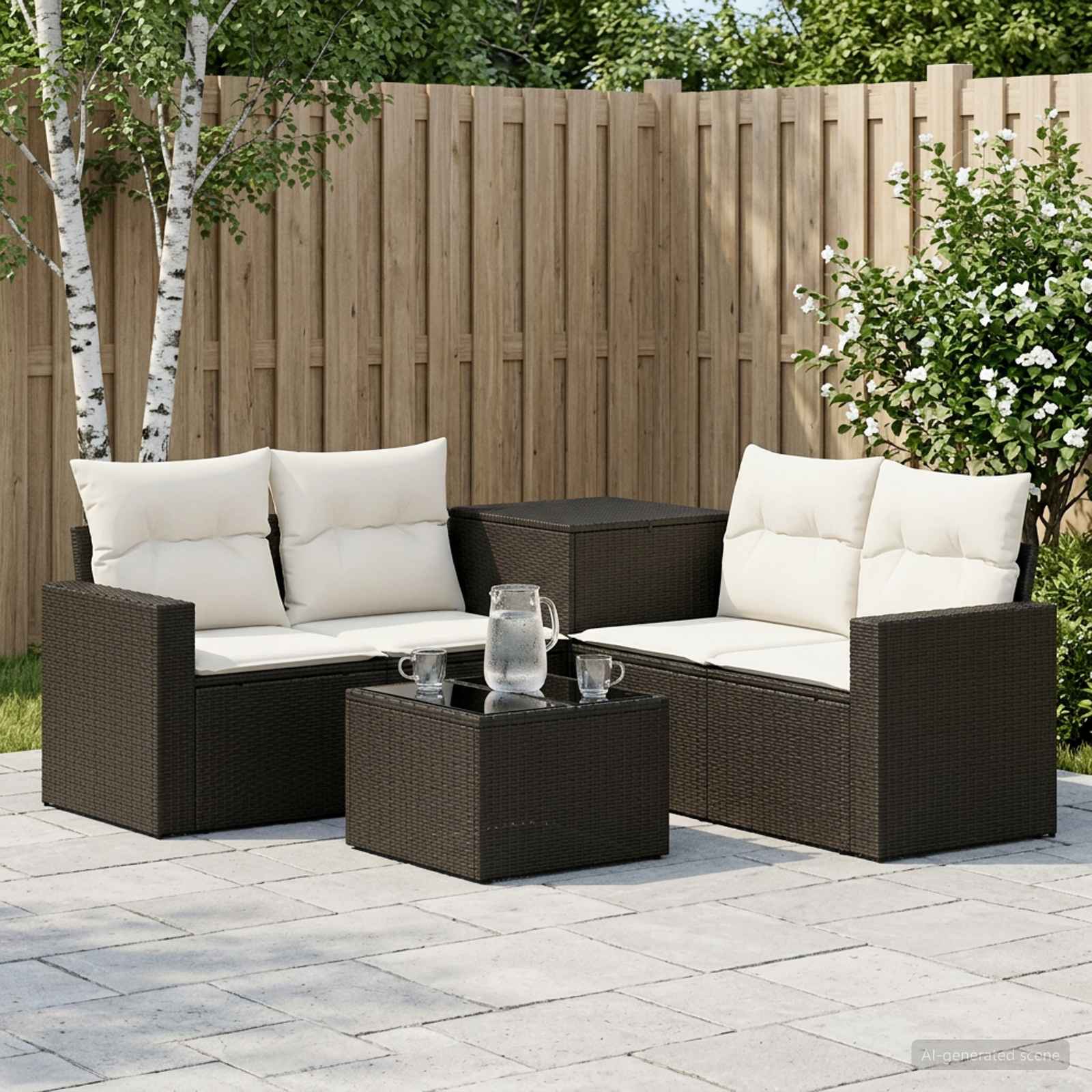 Sofa Set 6 stk. Schwarz und Cremeweiß Polyrattan und Stahl