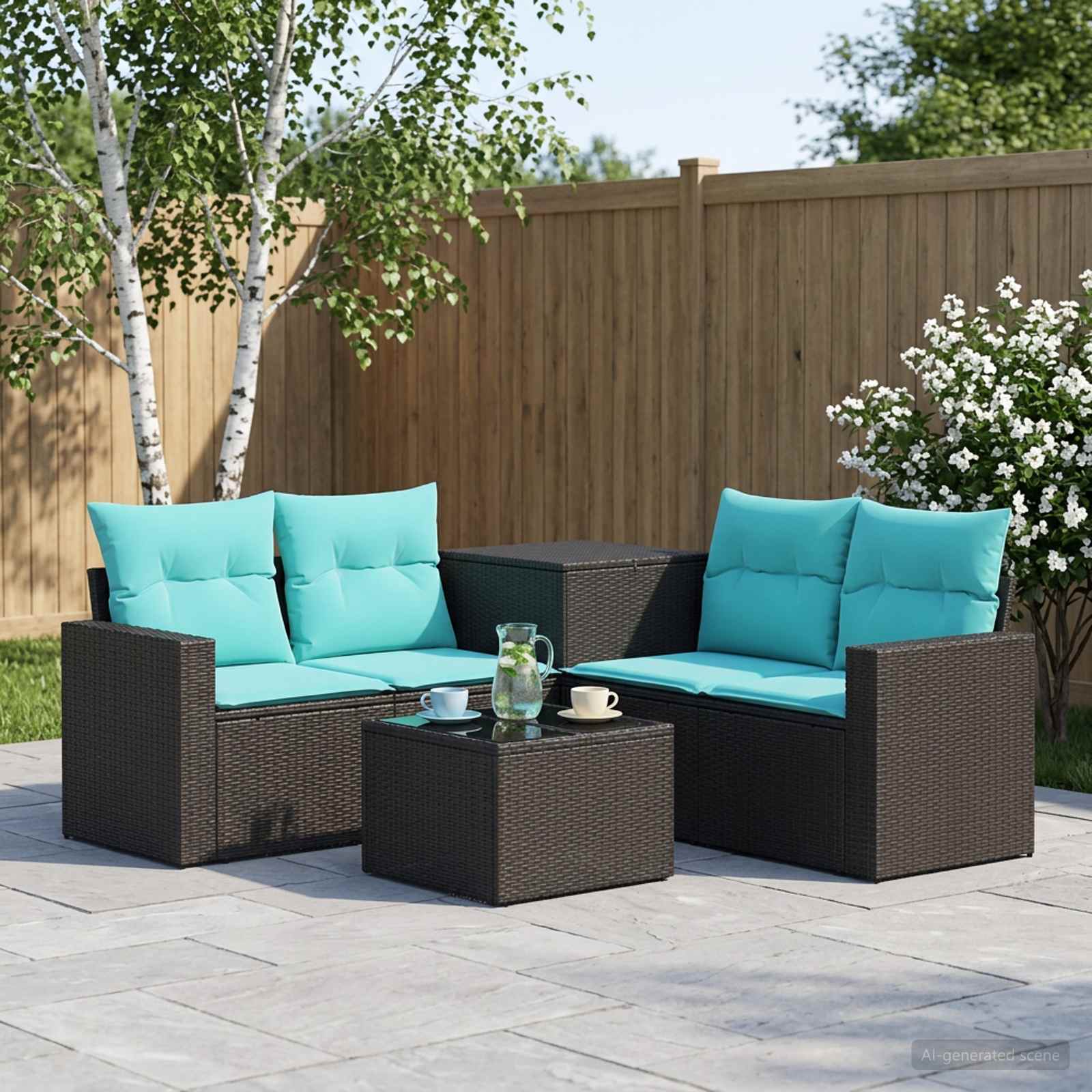 Sofa Set 6 stk. Schwarz und Blau Polyrattan und Stahl