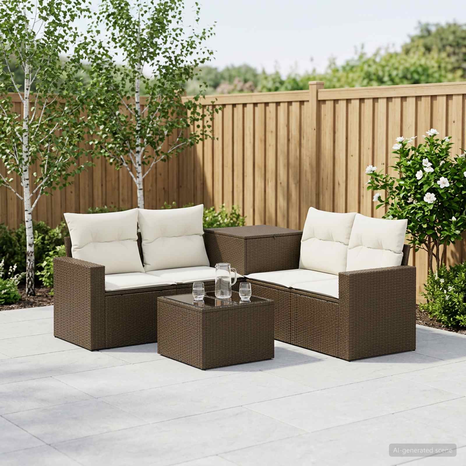 Sofa Set 6 stk. Braun und Creme Weiß Polyrattan und Stahl