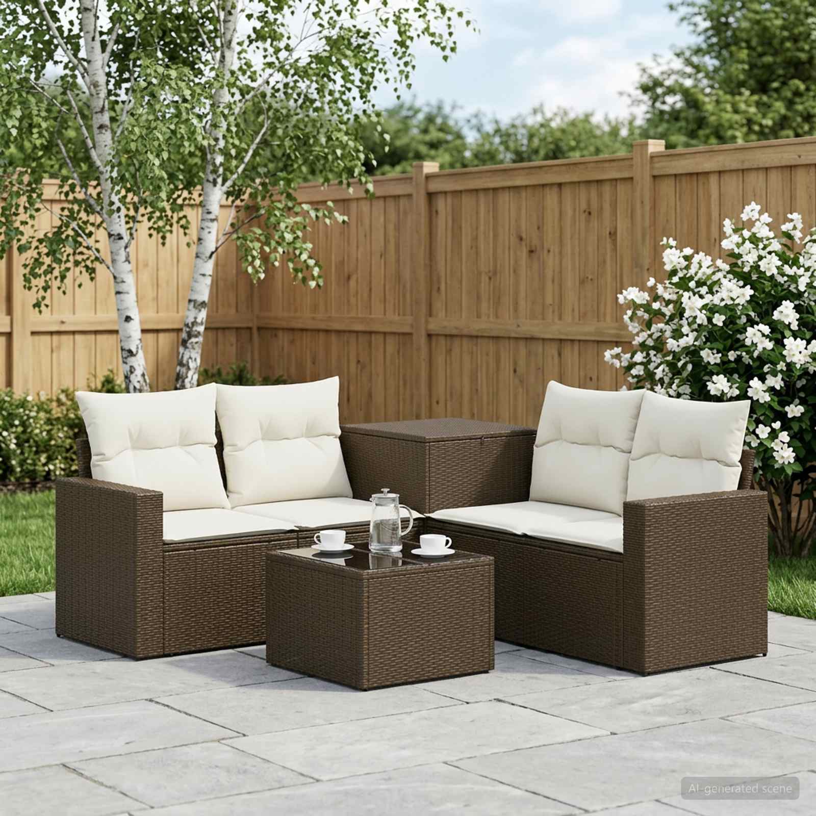 Sofa Set 6 stk. Braun und Creme Weiß Polyrattan und Stahl