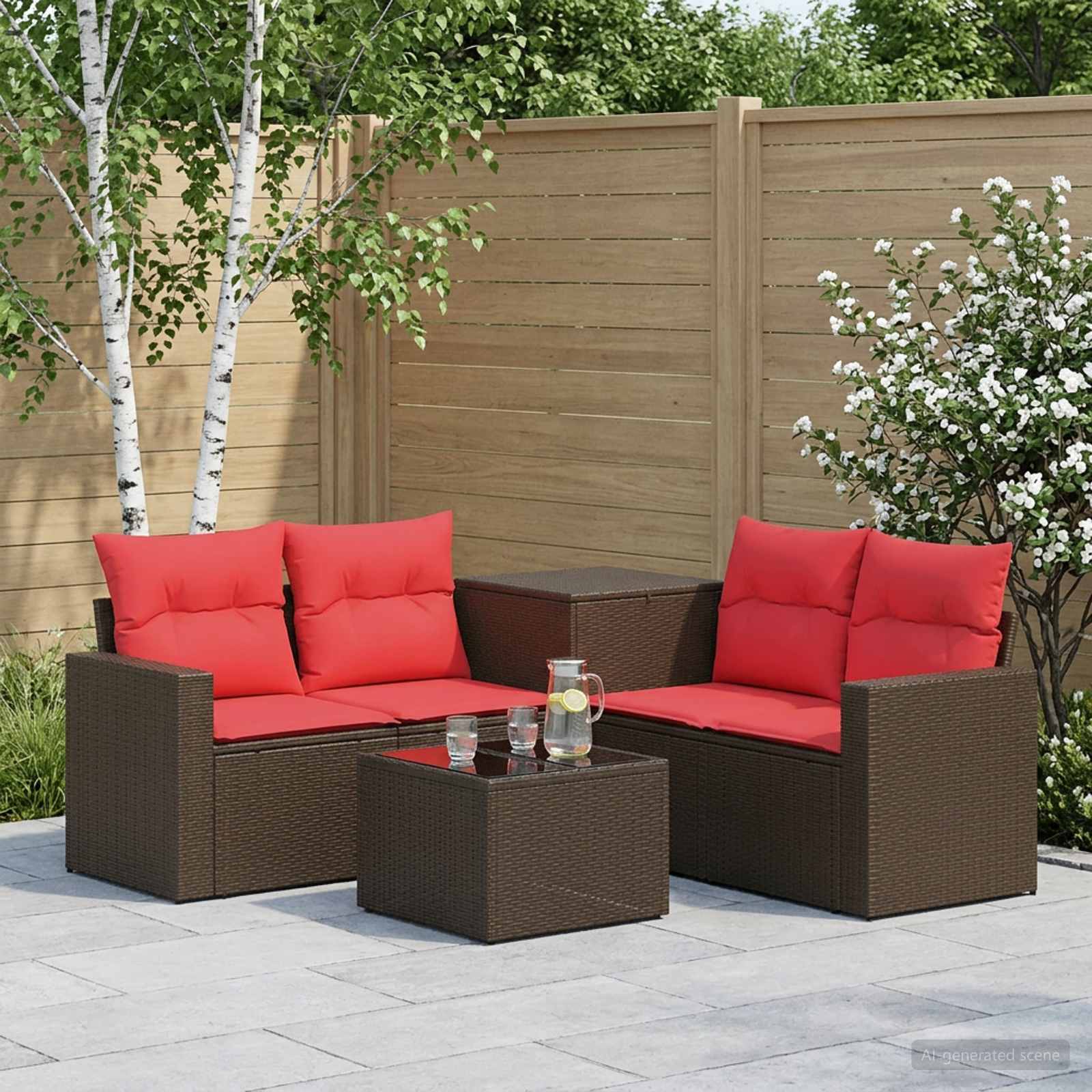 Sofa Set 6 stk. Braun und Rot Polyrattan und Stahl