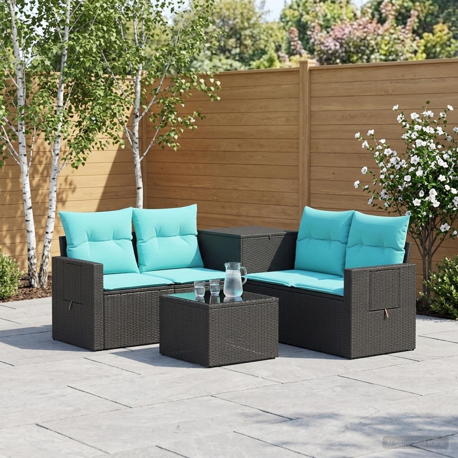 Sofa Set 6 stk. Schwarz und Blau Polyrattan und Stahl