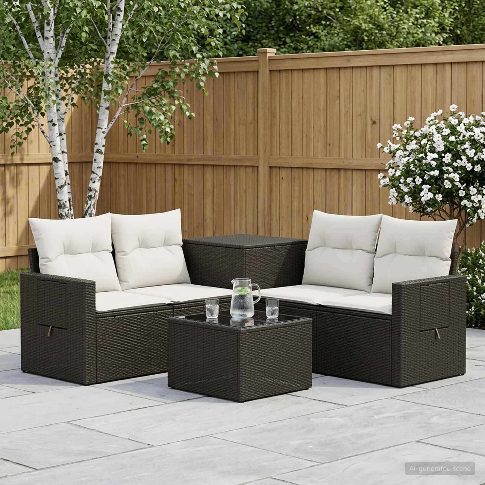 Sofa Set 6 stk. Schwarz und Cremeweiß Polyrattan und Stahl