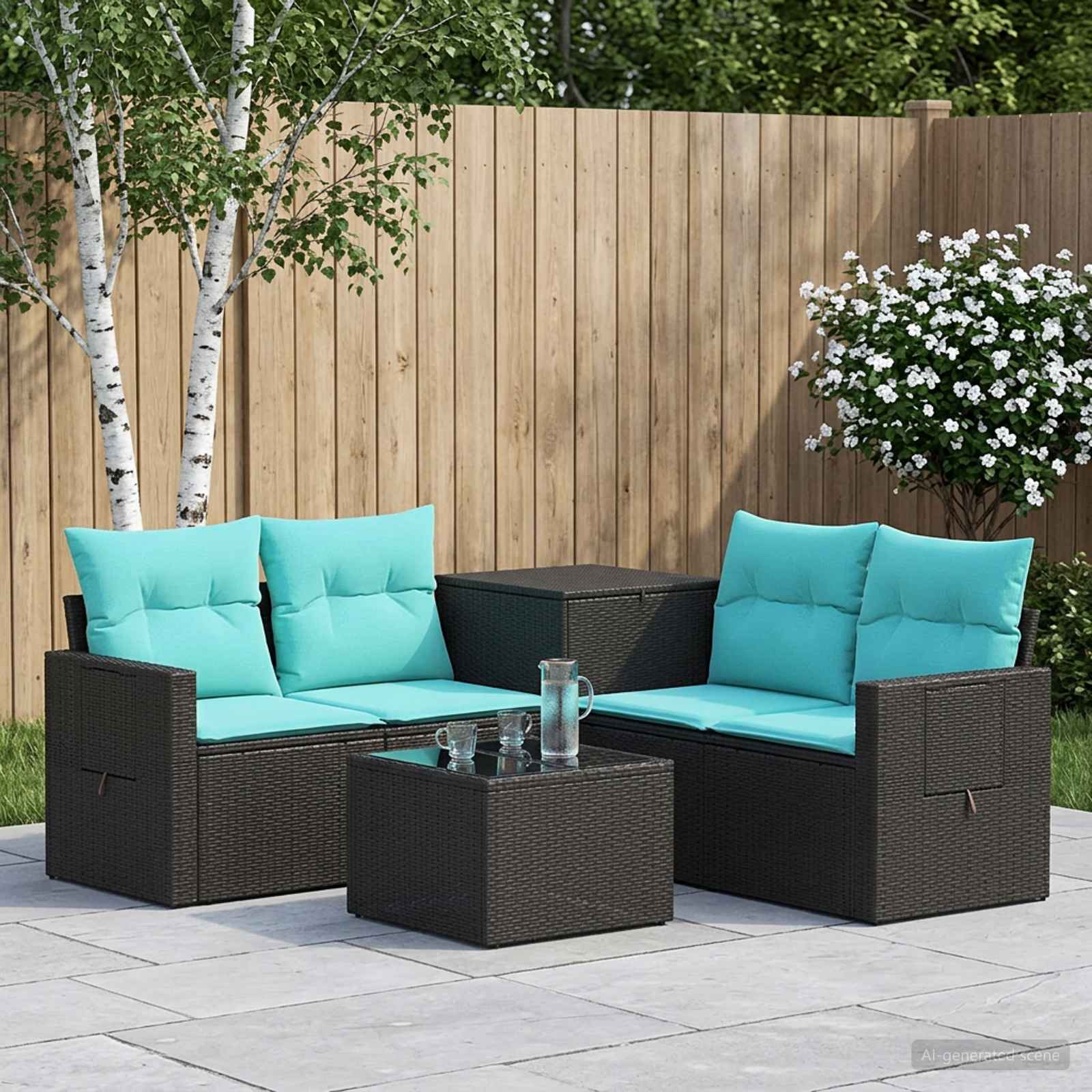 Sofa Set 6 stk. Schwarz und Blau Polyrattan und Stahl