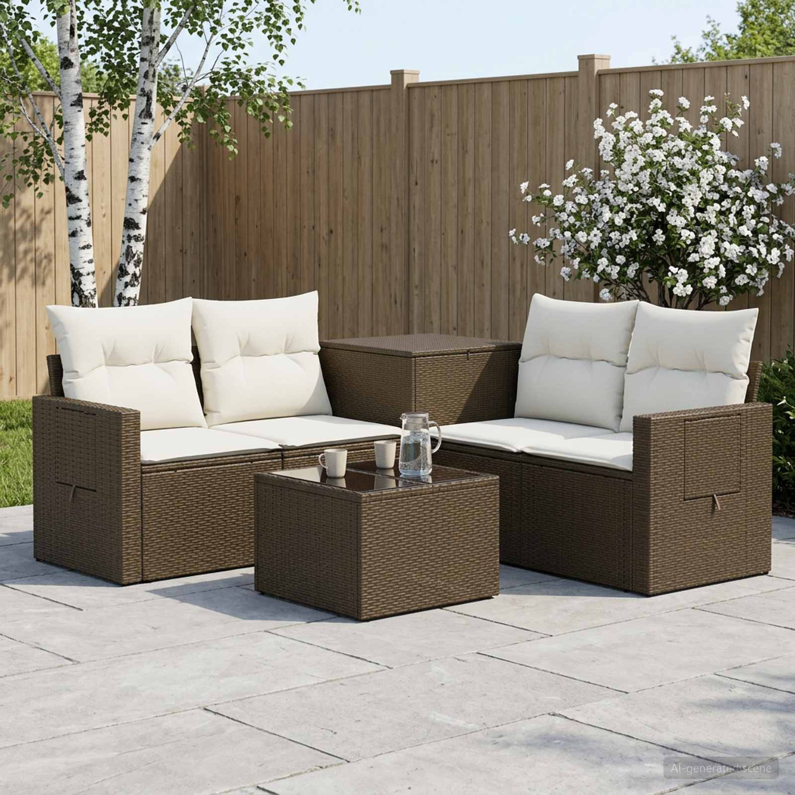 Sofa Set 6 stk. Braun und Creme Weiß Polyrattan und Stahl