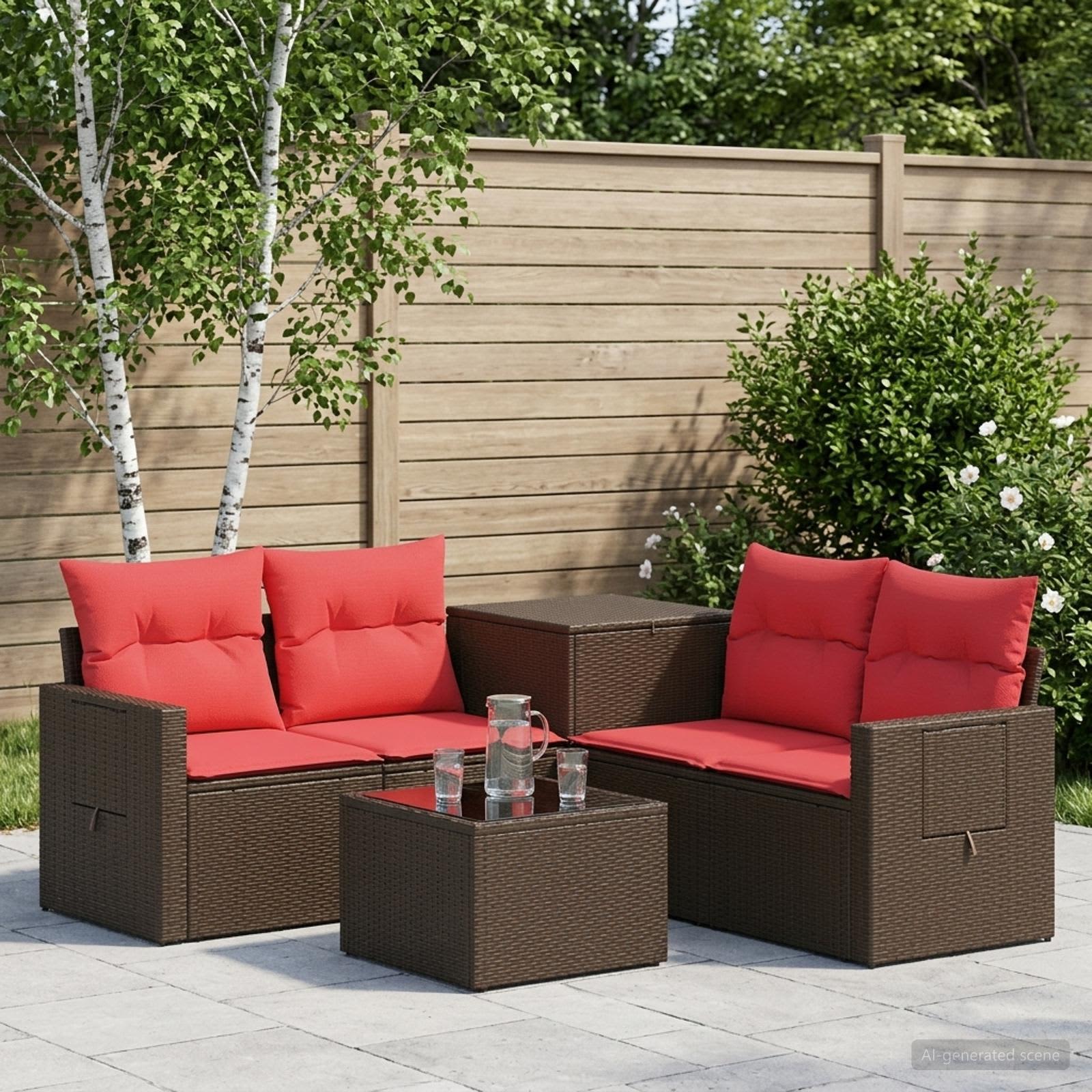Sofa Set 6 stk. Braun und Rot Polyrattan und Stahl