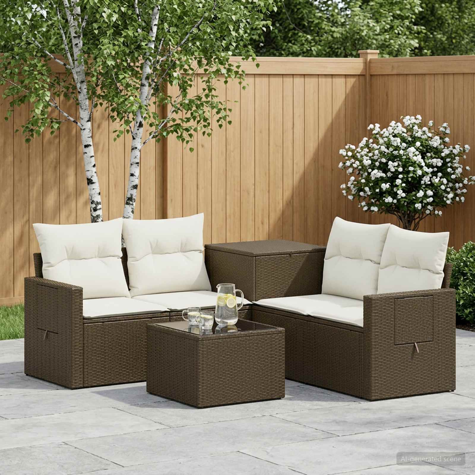 Sofa Set 6 stk. Braun und Creme Weiß Polyrattan und Stahl