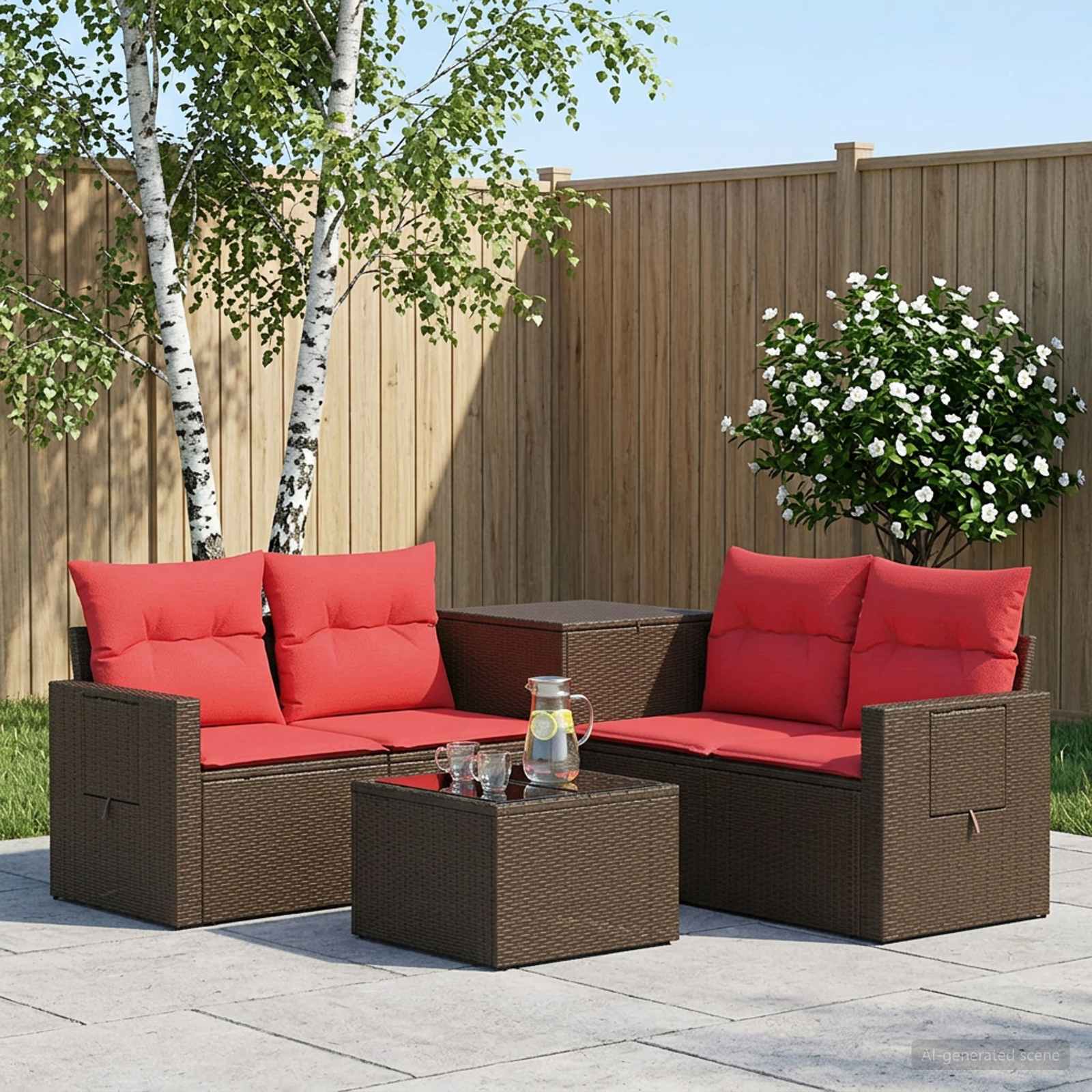 Sofa Set 6 stk. Braun und Rot Polyrattan und Stahl