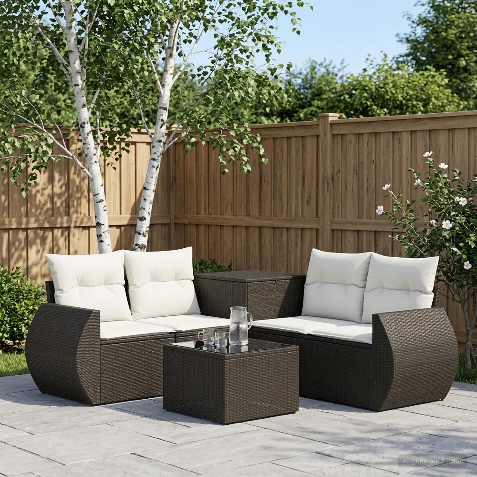 Sofa Set 6 stk. Schwarz und Cremeweiß Polyrattan und Stahl