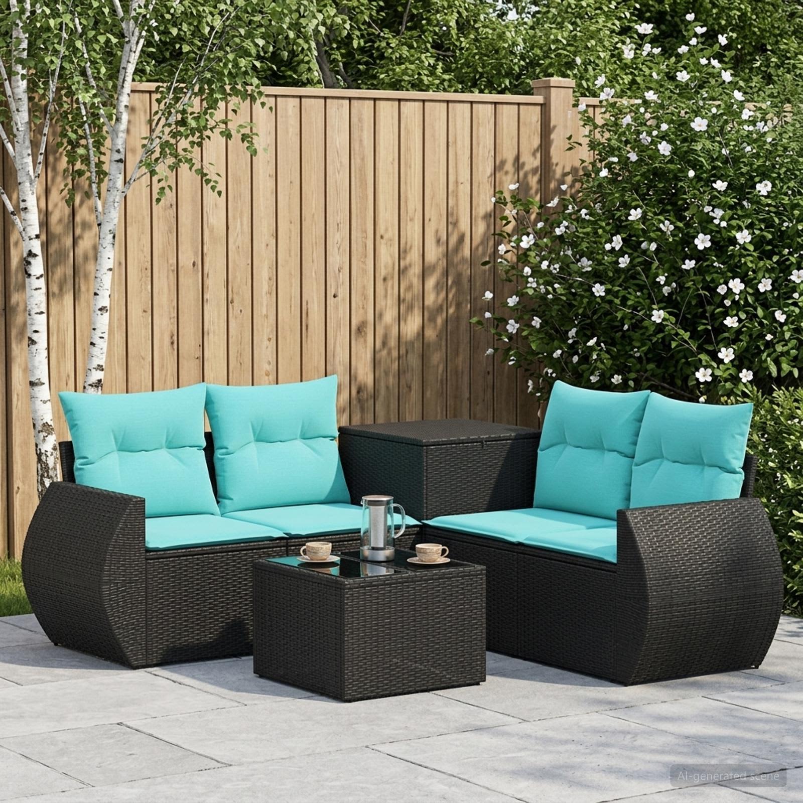 Sofa Set 6 stk. Schwarz und Blau Polyrattan und Stahl