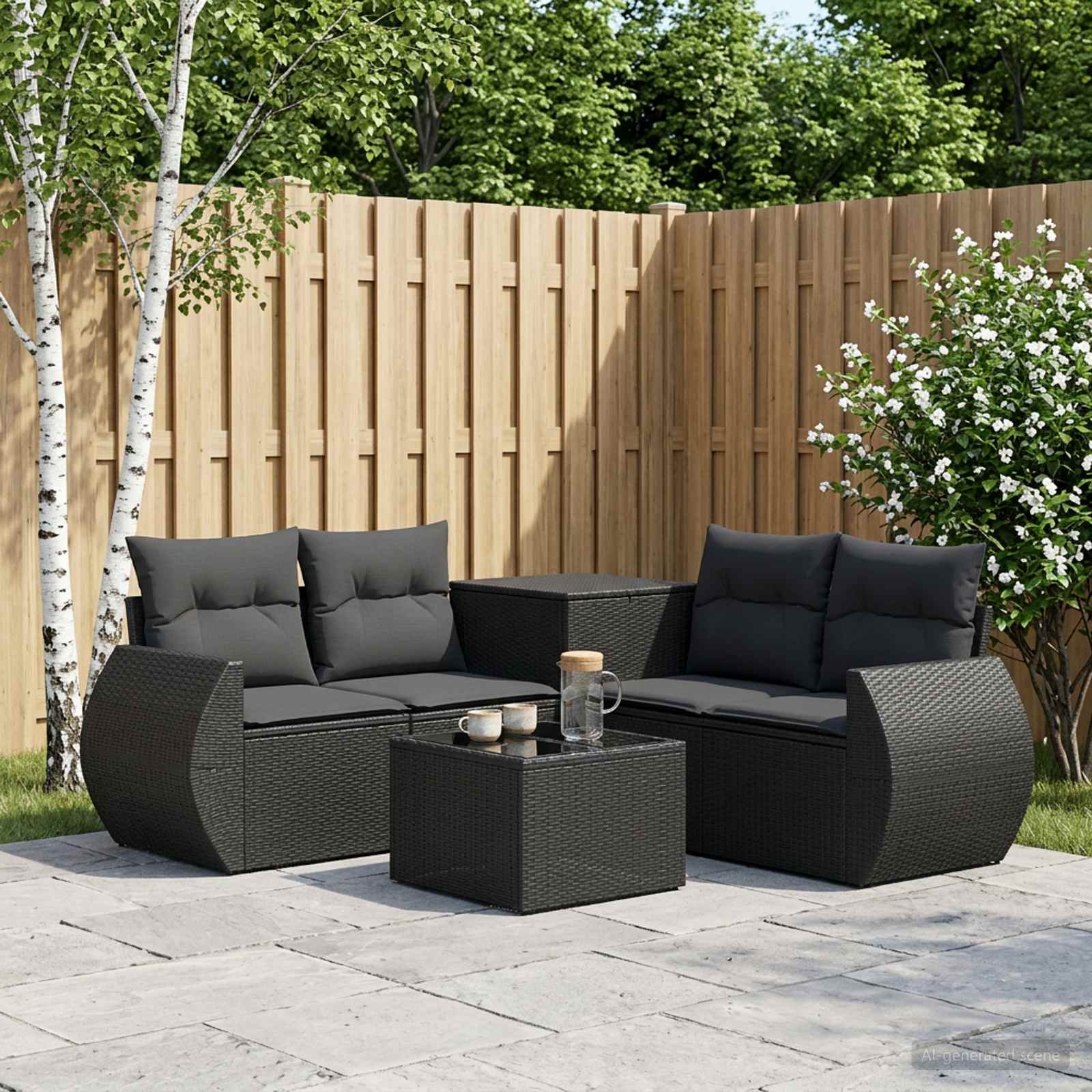 Sofa Set 6 stk. Schwarz Polyrattan und Stahl