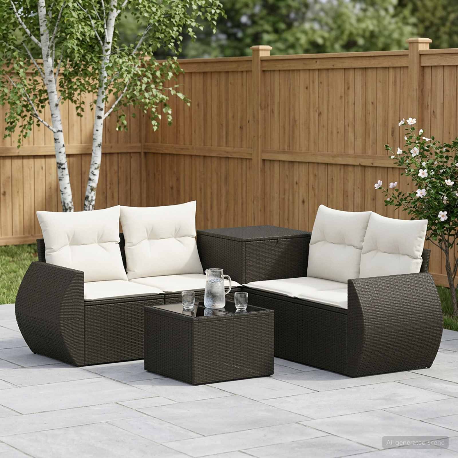 Sofa Set 6 stk. Schwarz und Cremeweiß Polyrattan und Stahl