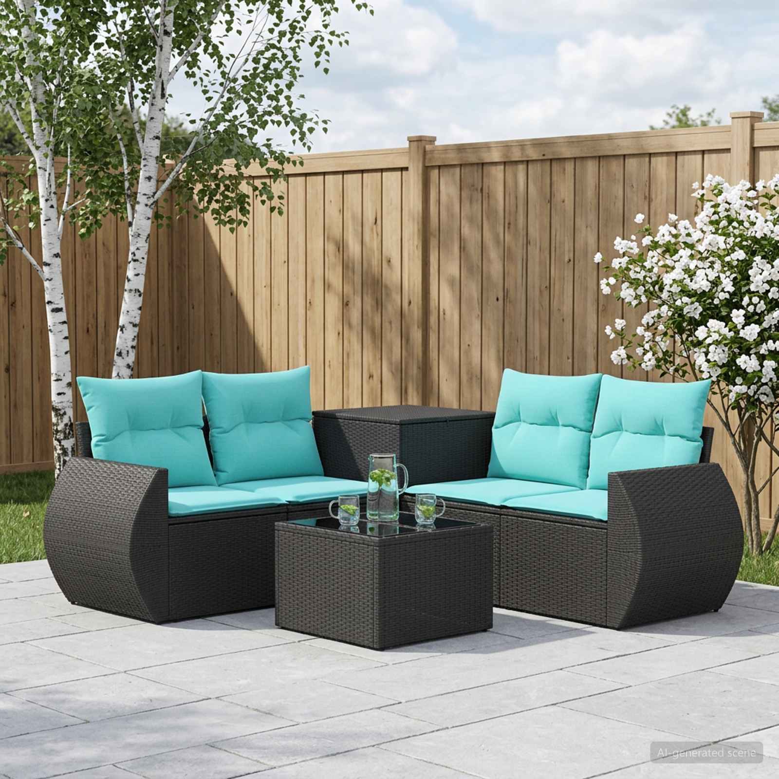 Sofa Set 6 stk. Schwarz und Blau Polyrattan und Stahl