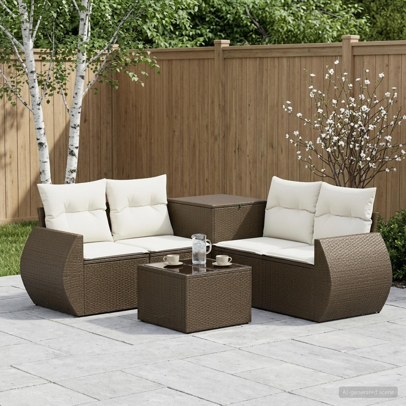 Sofa Set 6 stk. Braun und Creme Weiß Polyrattan und Stahl
