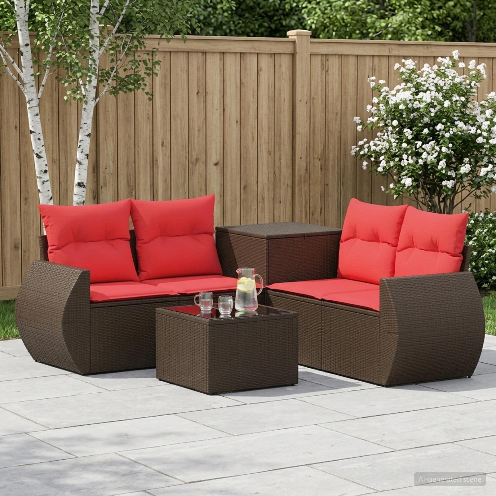 Sofa Set 6 stk. Braun und Rot Polyrattan und Stahl