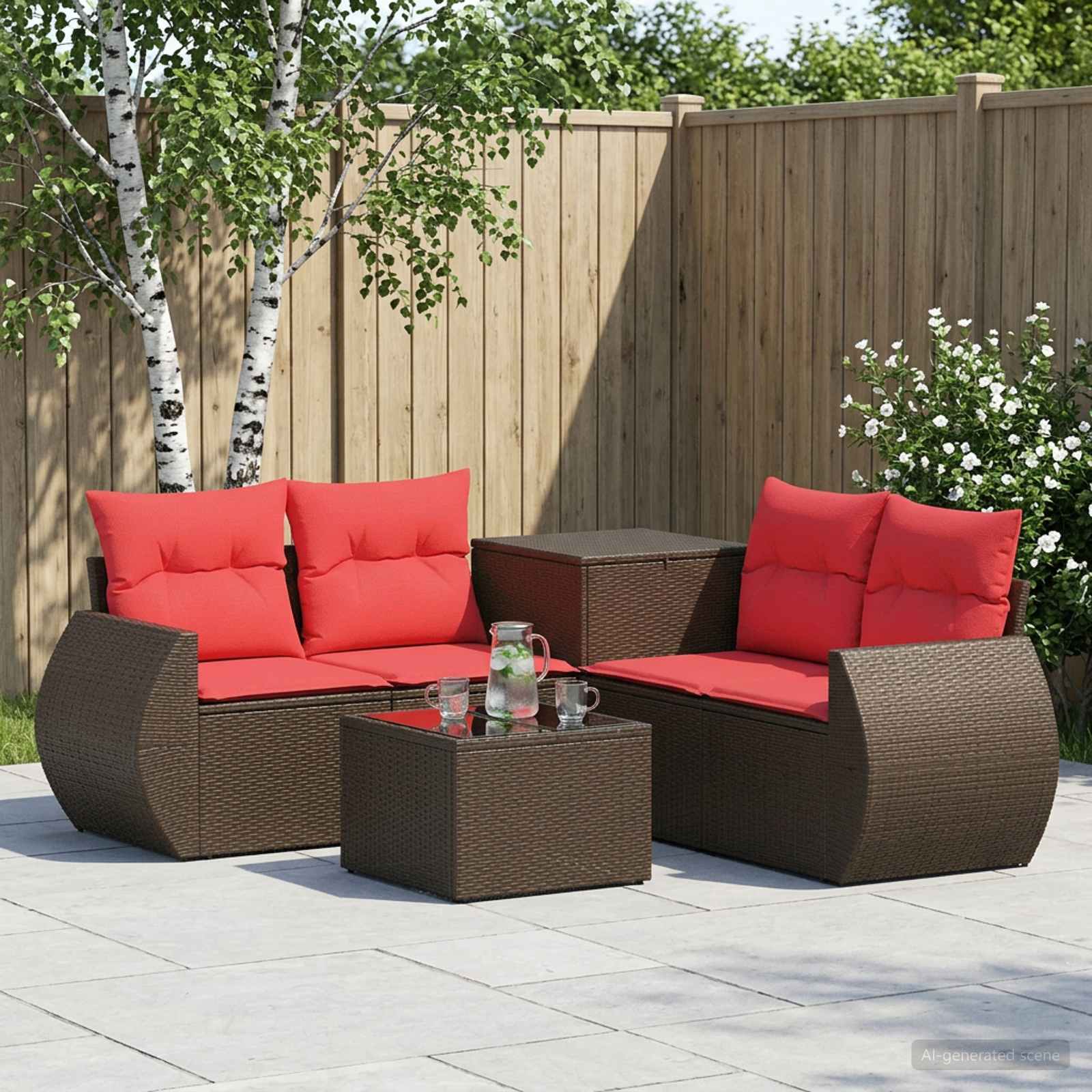 Sofa Set 6 stk. Braun und Rot Polyrattan und Stahl