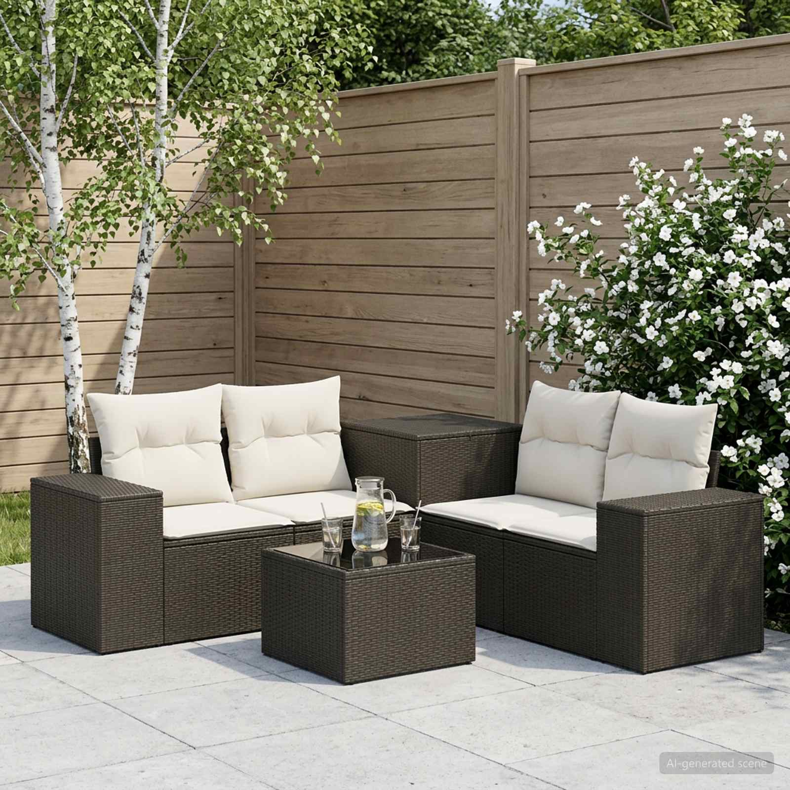 Sofa Set 6 stk. Schwarz und Cremeweiß Polyrattan und Stahl