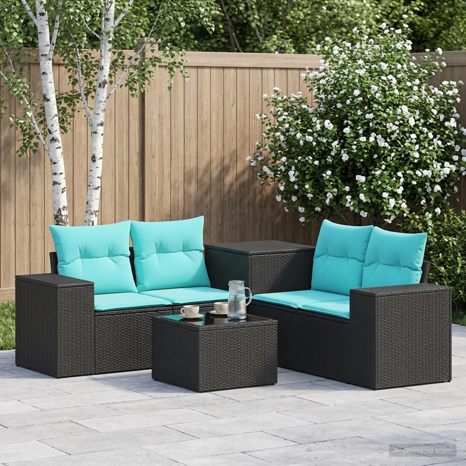 Sofa Set 6 stk. Schwarz und Blau Polyrattan und Stahl