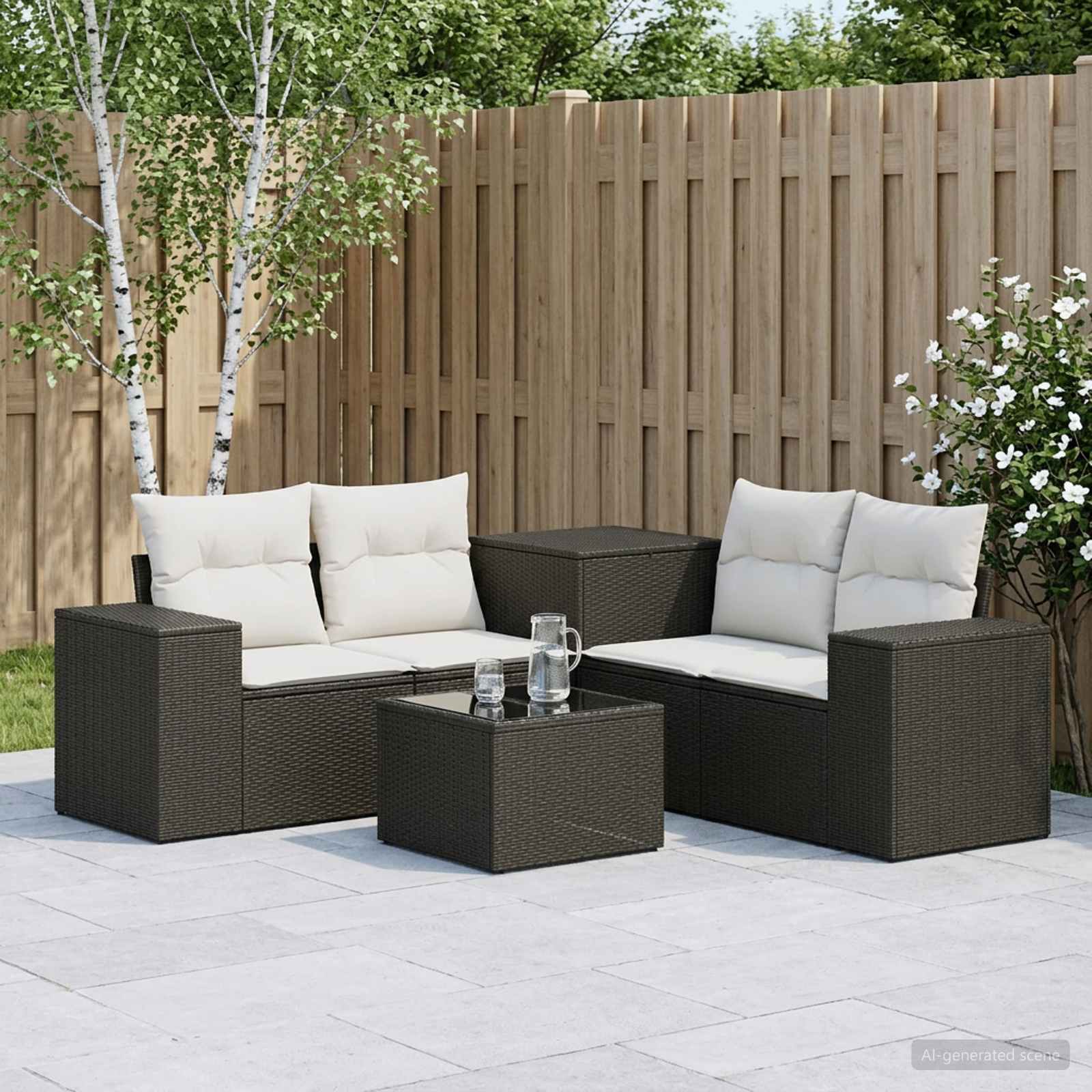 Sofa Set 6 stk. Schwarz und Cremeweiß Polyrattan und Stahl
