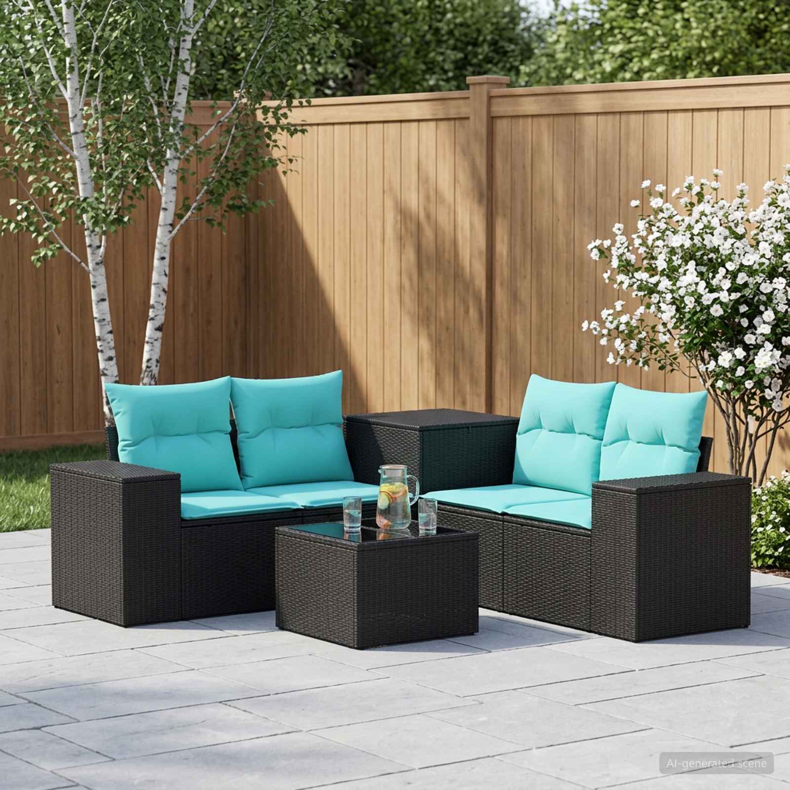 Sofa Set 6 stk. Schwarz und Blau Polyrattan und Stahl