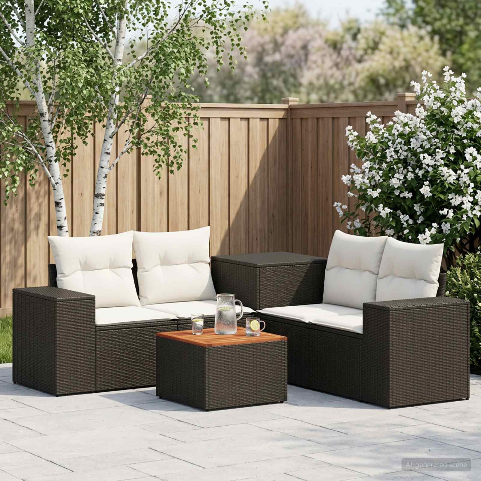 Sofa Set 6 stk. Schwarz und Cremeweiß Polyrattan und Stahl