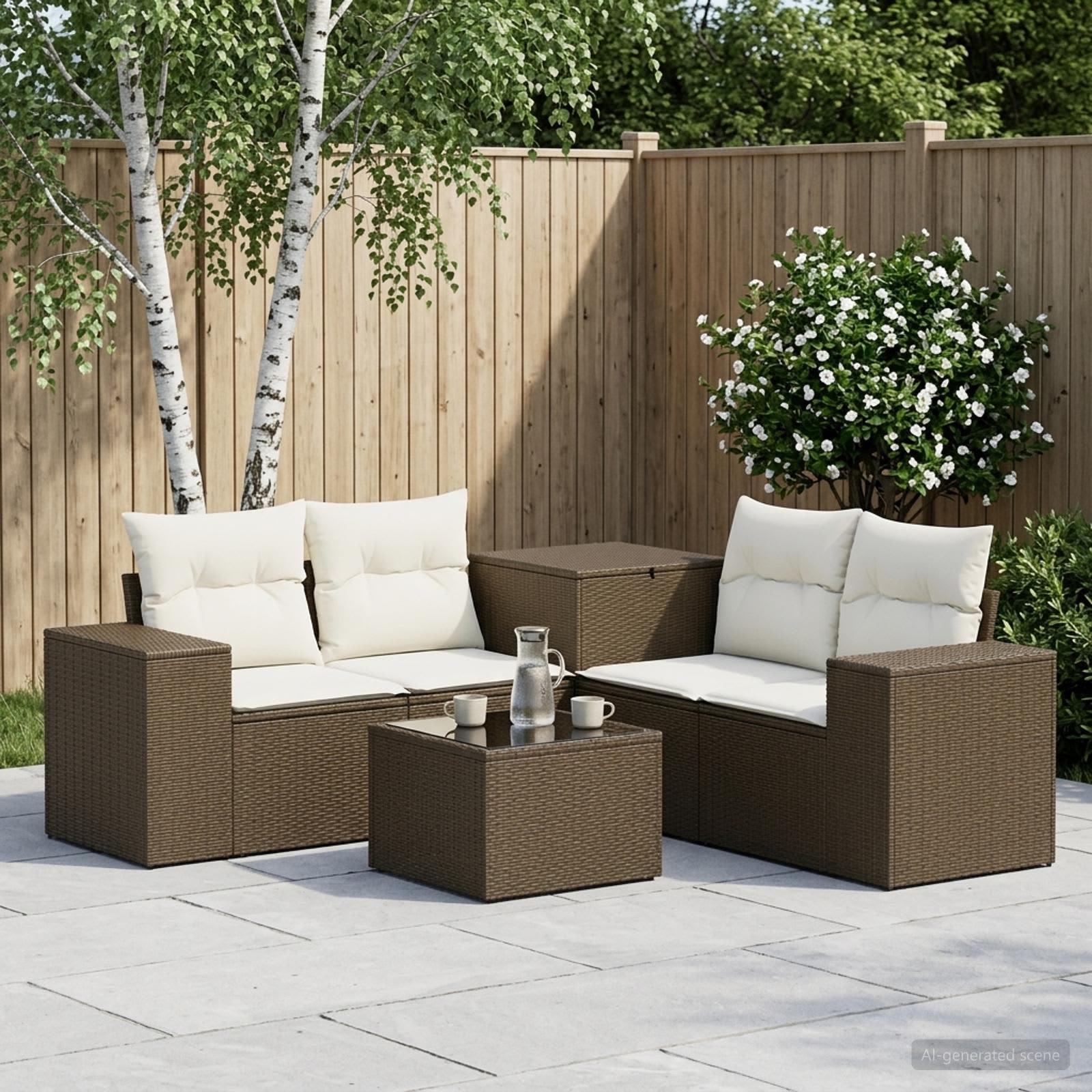 Sofa Set 6 stk. Braun und Creme Weiß Polyrattan und Stahl