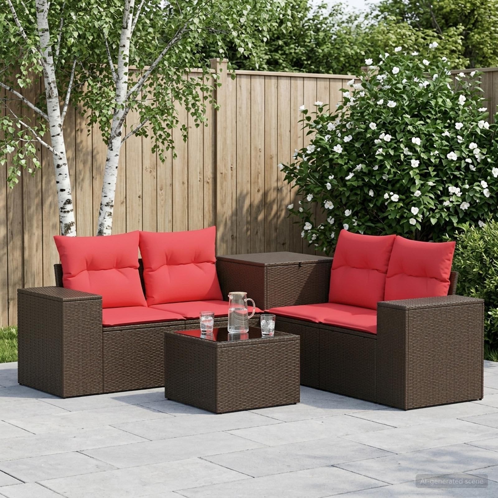 Sofa Set 6 stk. Braun und Rot Polyrattan und Stahl