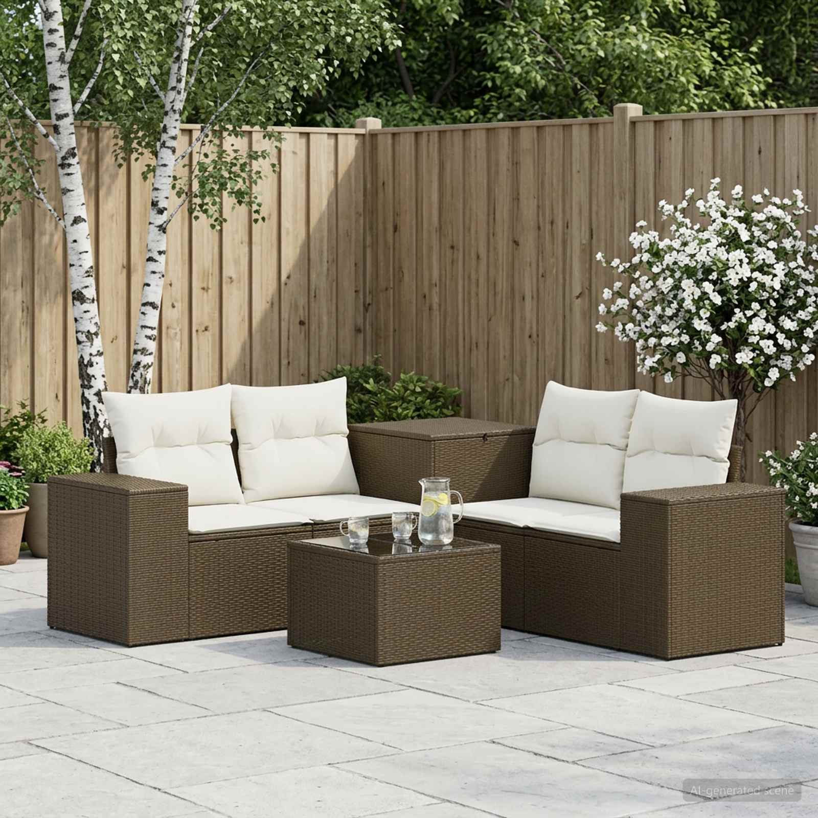 Sofa Set 6 stk. Braun und Creme Weiß Polyrattan und Stahl
