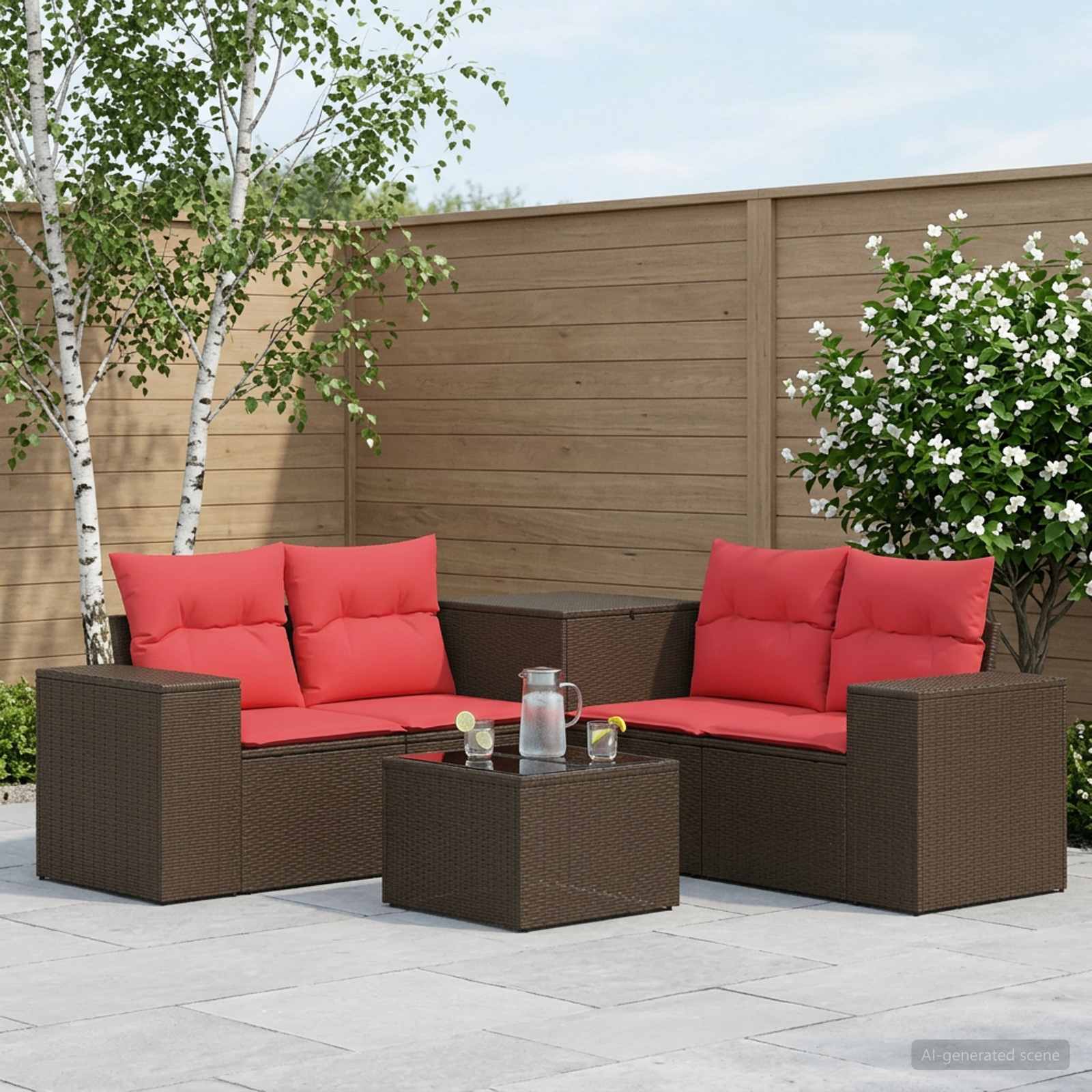 Sofa Set 6 stk. Braun und Rot Polyrattan und Stahl