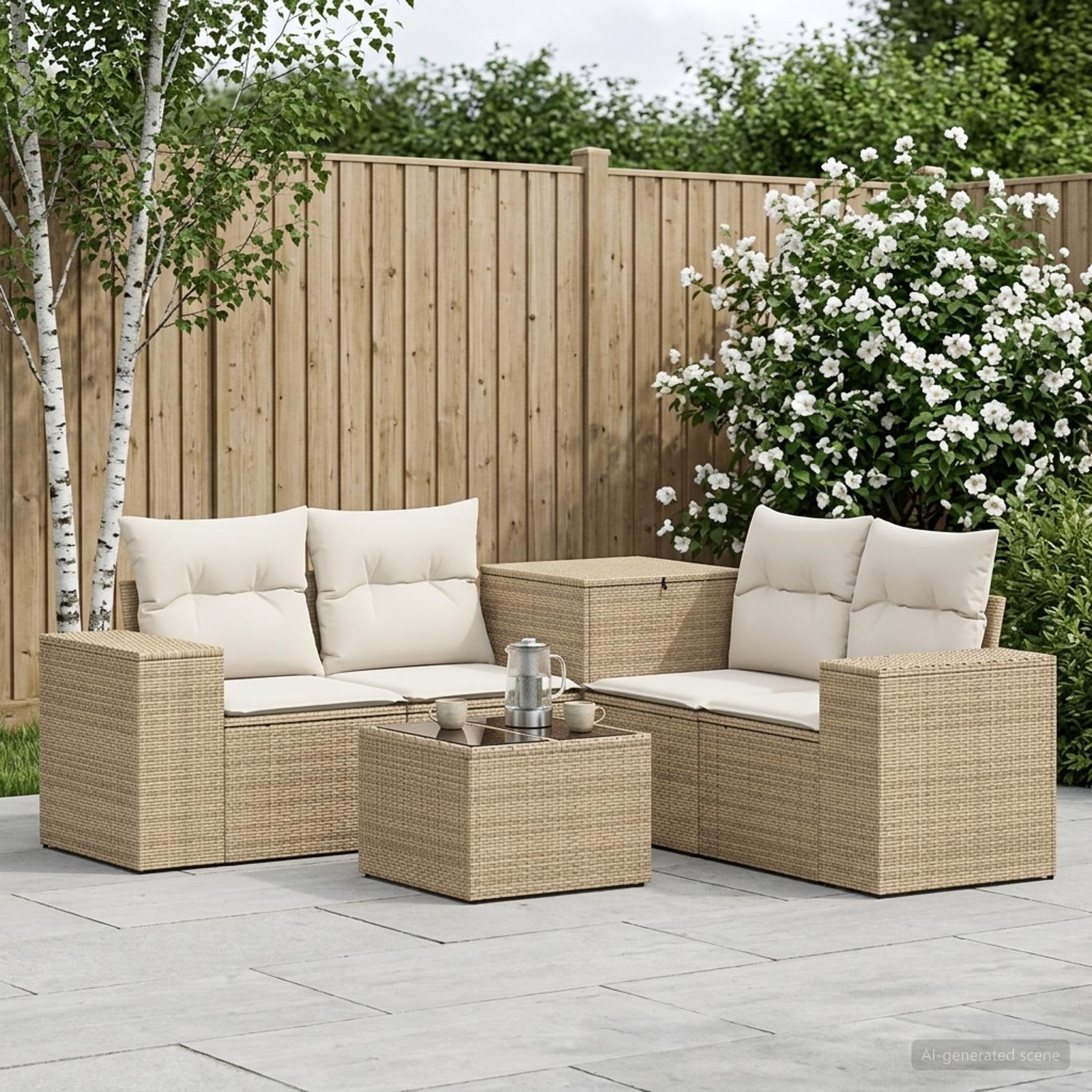 Sofa Set 6 stk. Beige und Cremeweiß Polyrattan und Stahl