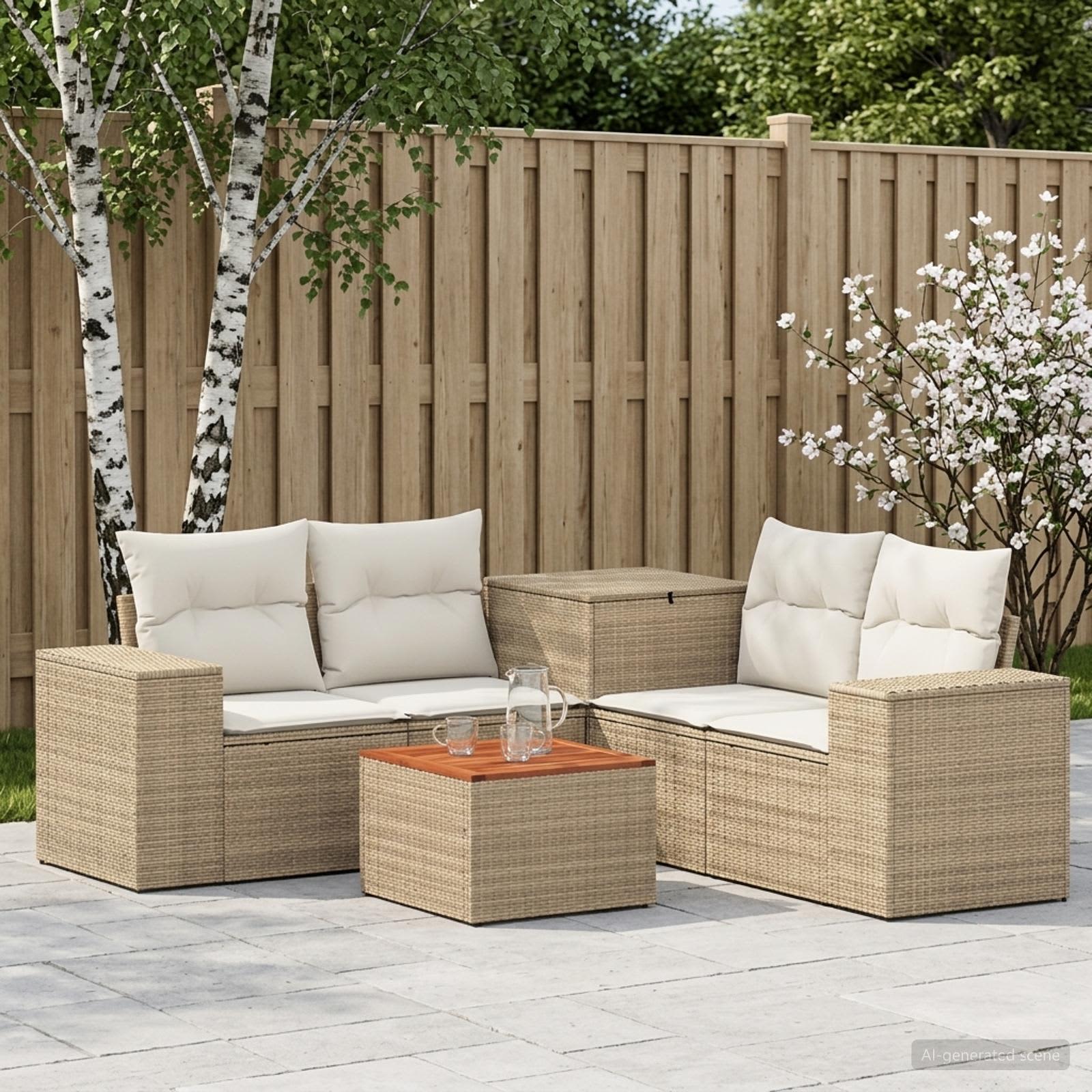 Sofa Set 6 stk. Beige und Cremeweiß Polyrattan und Stahl